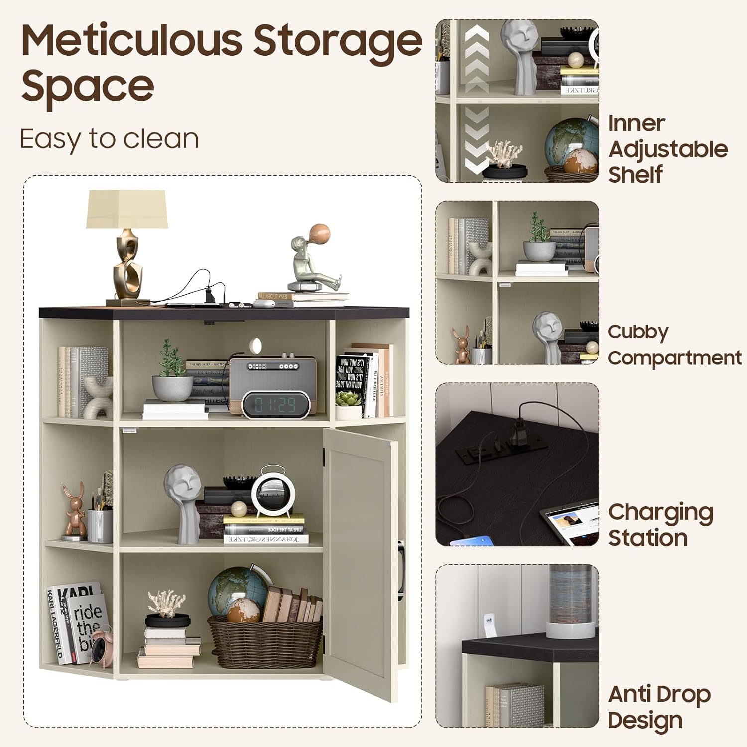 Halitaa Corner Storage Cabinet, Farmhouse Corner Bookshelf with Storage 6-Cubby Wooden Cabinet with USB Ports and Outlets Industrial Organizer for Small Space, Study, Playroom, Rustic White and Black