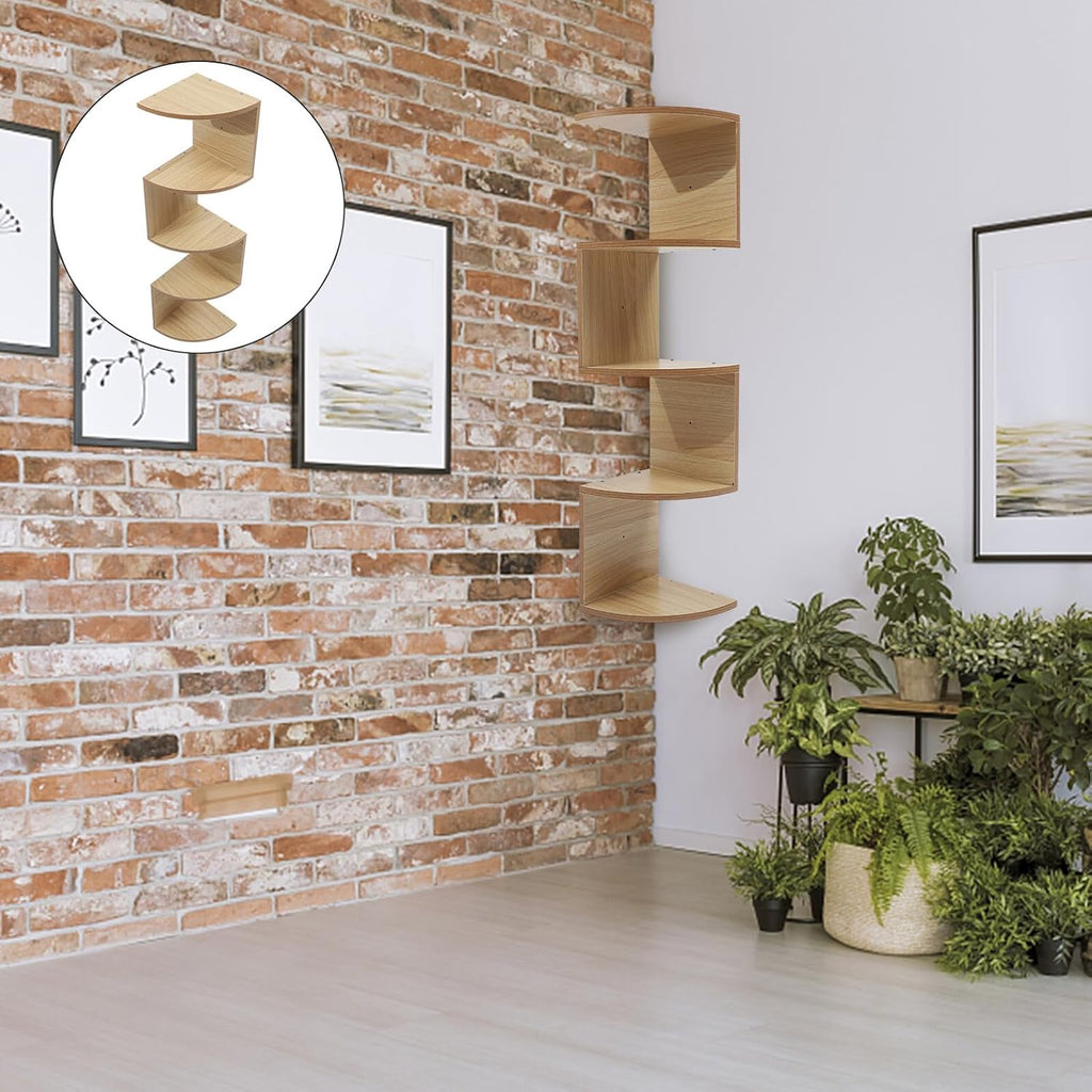 Creative 5-Tier Wooden Wall-Mounted Corner Storage Shelf, Light Walnut Household Floating Rack for Books, Decorative Flowerpots, and Home Organization