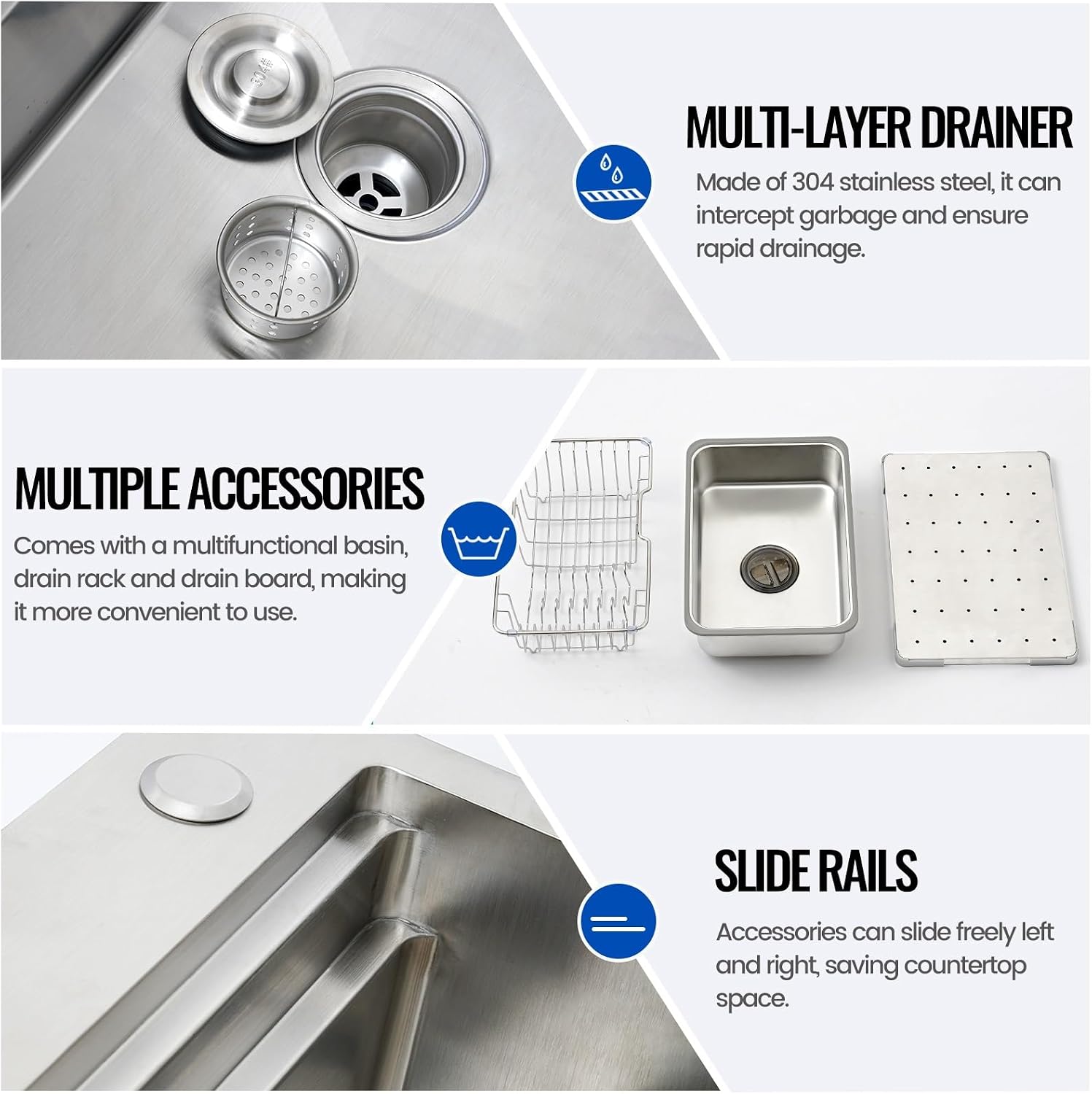 Large Kitchen Sink, With Drain Kits, 304 Stainless Steel, Heavy Duty Kitchen Bar Sink, Single Bowl Sink, For Drop In, Undermount(B,70x50x22cm)
