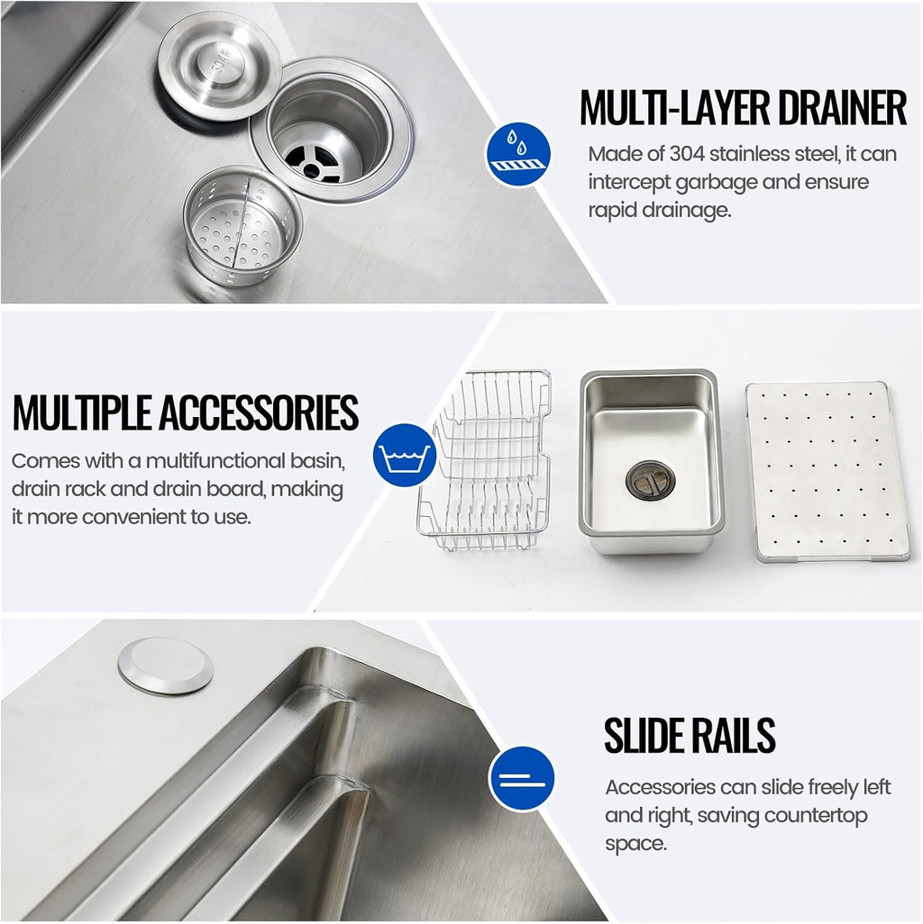 Large Kitchen Sink, With Drain Kits, 304 Stainless Steel, Heavy Duty Kitchen Bar Sink, Single Bowl Sink, For Drop In, Undermount(B,60x50x22cm)
