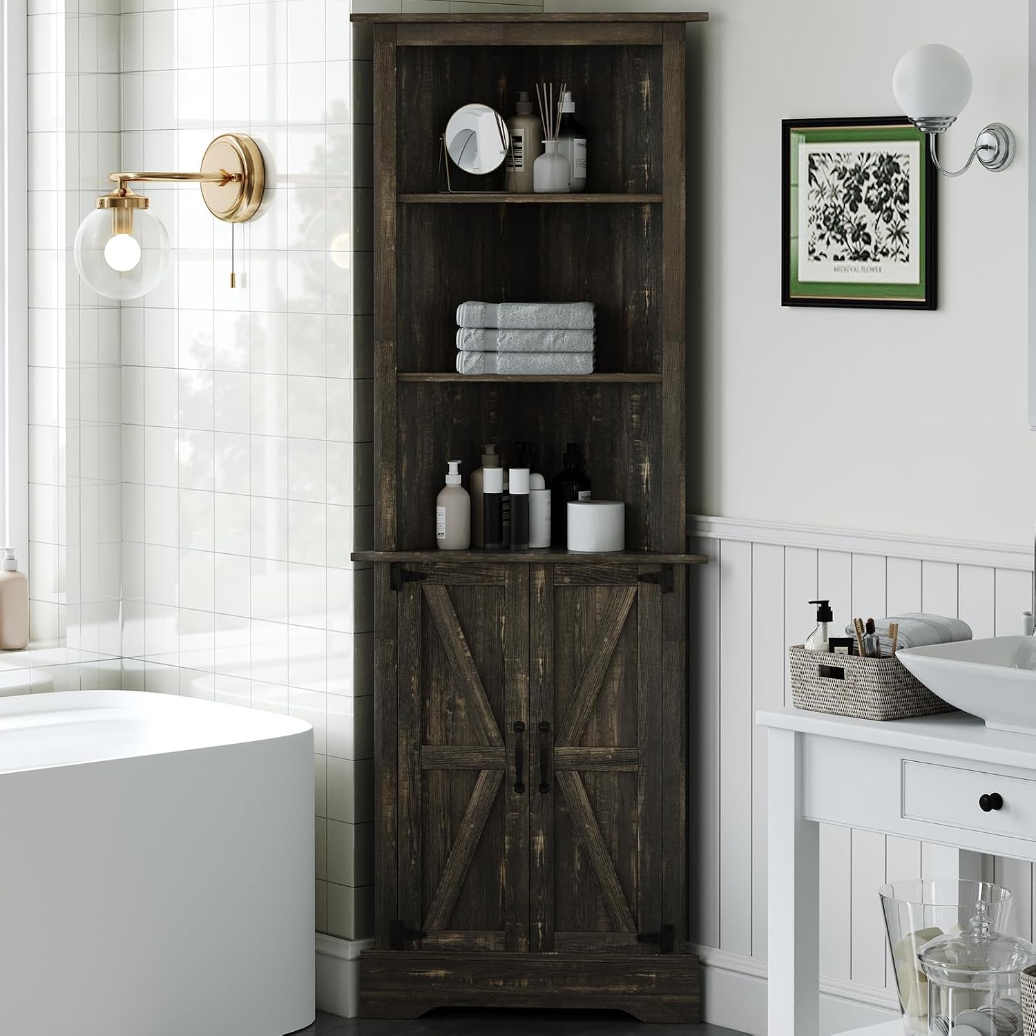 4 EVER WINNER Farmhouse Corner Cabinet, 68' Tall Corner Cabinet with 5-Tier Adjustable Shelves and Barn Doors for Small Spaces, Living Room, Dining Room, Hallway, Bathroom, Kitchen, Rustic Oak