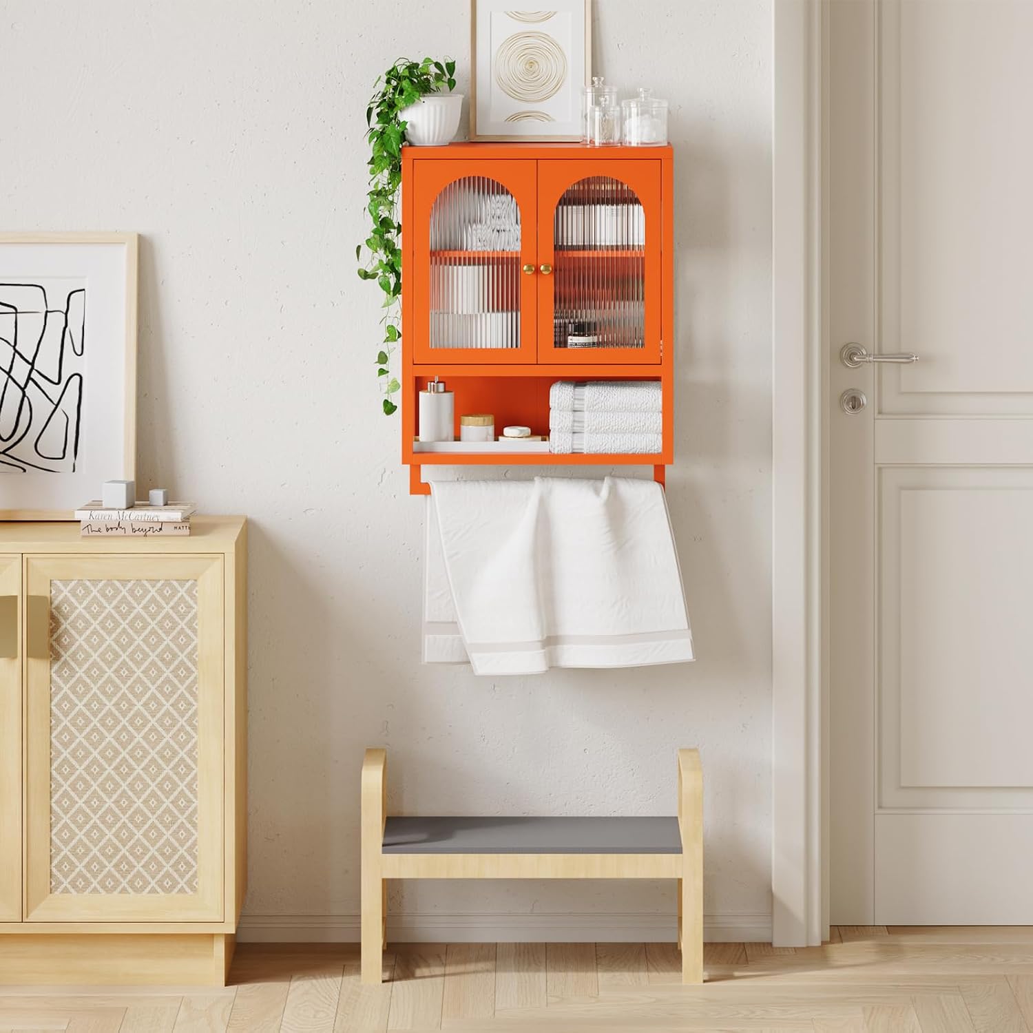 ALBAD Metal Bathroom Wall Cabinet with Fluted Glass Door and Towel Bar Wall-Mounted Medicine Cabinets Over the Toilet for Modern Bathroom, Kitchen, Garage, Laundry Room, Orange