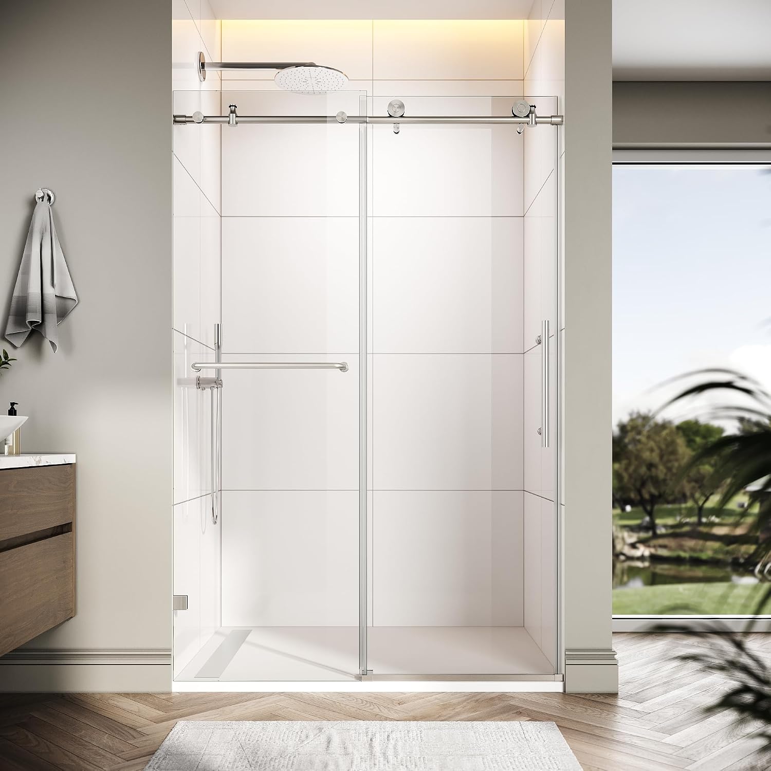 ELEGANT Frameless Sliding Shower Door 48' W x 76' H, Adjustable 44-48' Width, 5/16' (8mm) Tempered Glass, Stainless Steel Towel Bar, Brushed Nickel Finish