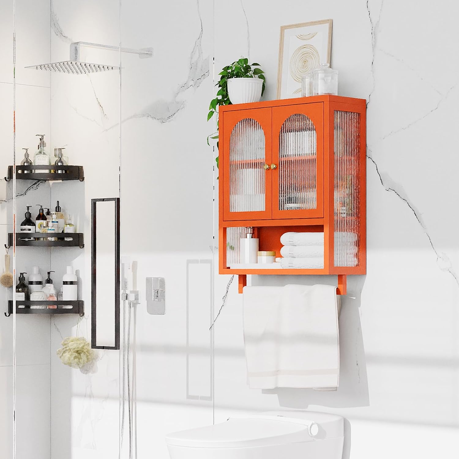 ALBAD Metal Bathroom Wall Cabinet with Fluted Glass Door and Towel Bar Wall-Mounted Medicine Cabinets Over the Toilet for Modern Bathroom, Kitchen, Garage, Laundry Room, Orange