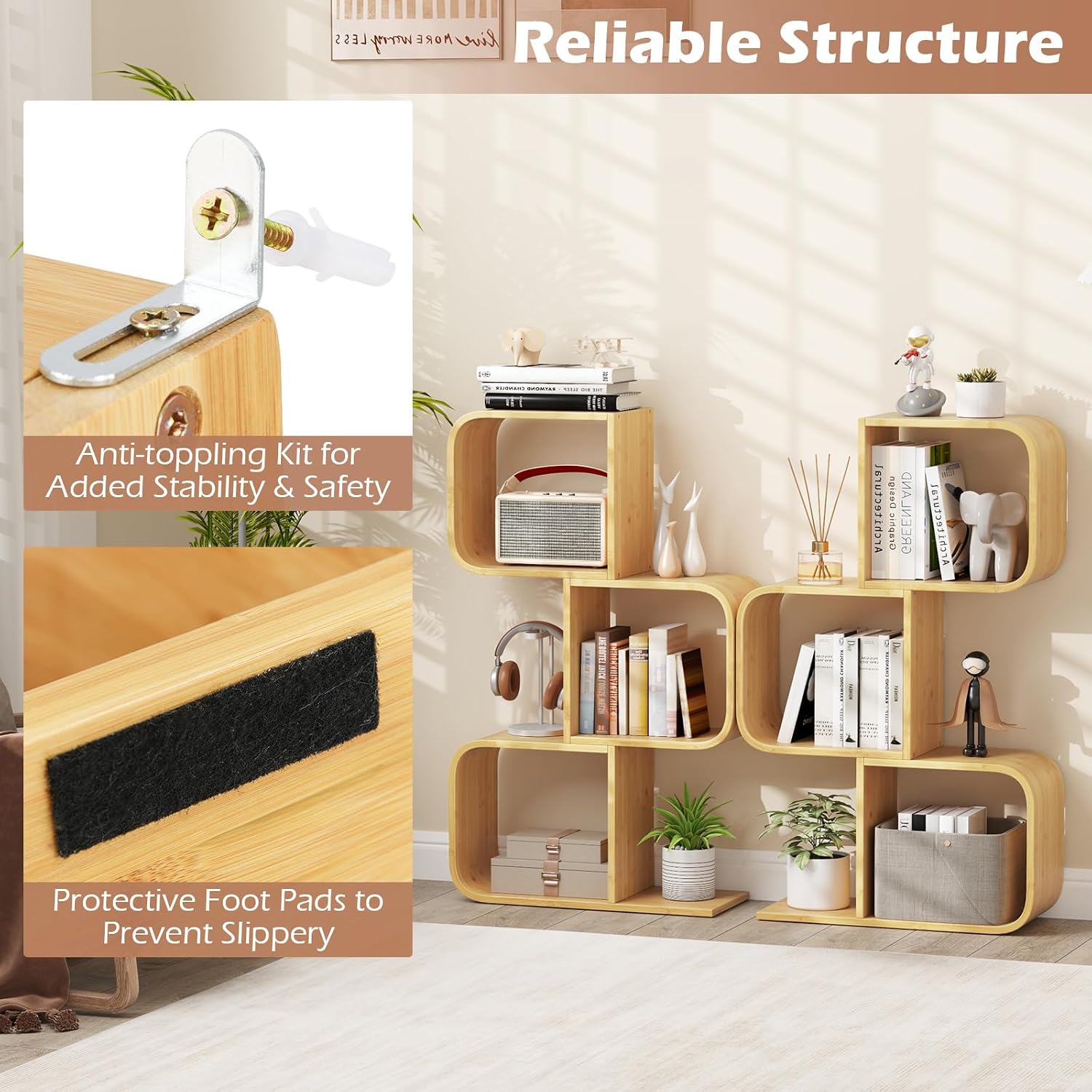 Giantex 3-Tier Bamboo Bookshelf Set of 2, S-Shaped Bookcase with 3 Open Cubes, Geometric Corner Display Shelf, Decorative Storage Organizer, Floor Storage Rack for Living Room, Home Office, Natural