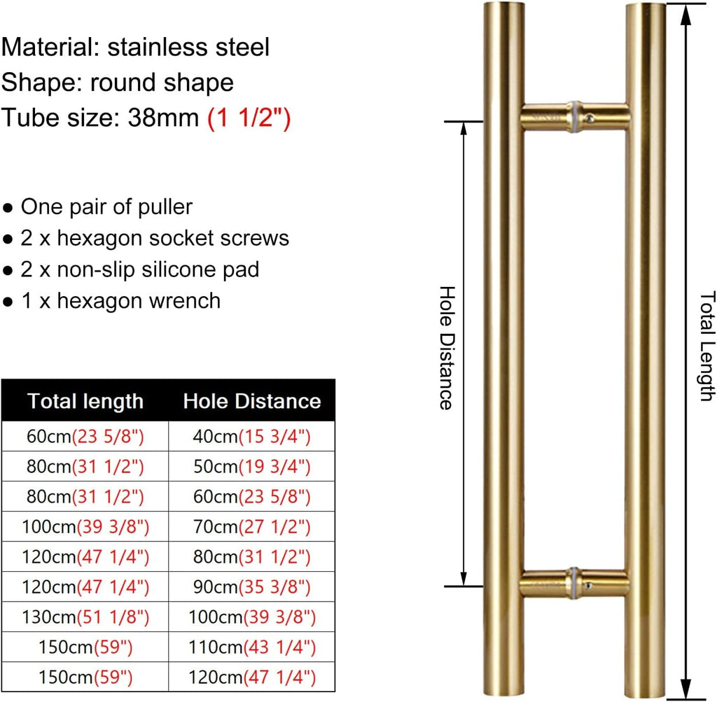 Double-Side Round Glass Door Handle, Heavy Duty Exterior Barn Door Push Bar for Exit, Swing Entry Door Handle Bar with Mounting Screws (Color : Gold, Size : 60cm(23 5/8') 40cm)