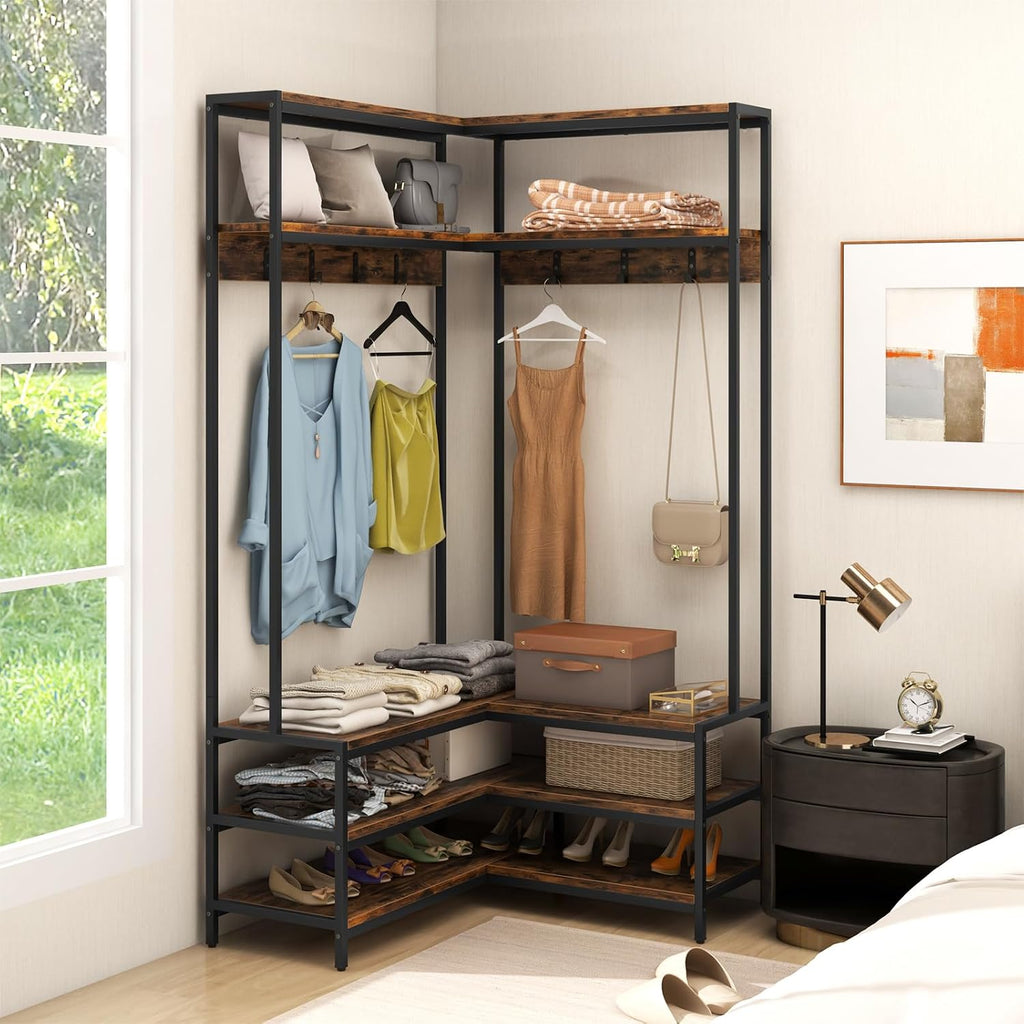 Tangkula Corner Hall Tree, 70 Inch Coat Rack with Bench and Shoe Storage, Entryway Furniture with 7 Hooks, Heavy Duty Metal Frame, Space Saving Clothes Rack Shoes Shelf Organizer (Rustic Brown)