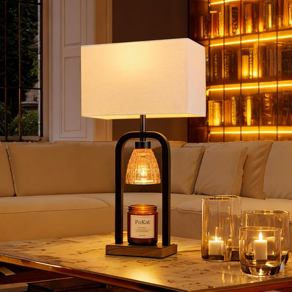 PoKat 21.5'' Lamp Candle Warmers Set of 2 Black, Farmhouse Candle Warming Lamps with Timer Dimmer & Wood-Like Base, Warmer Lamp Jar Candles, Table Lamps for Bedroom End Table Decor, Bulb Included