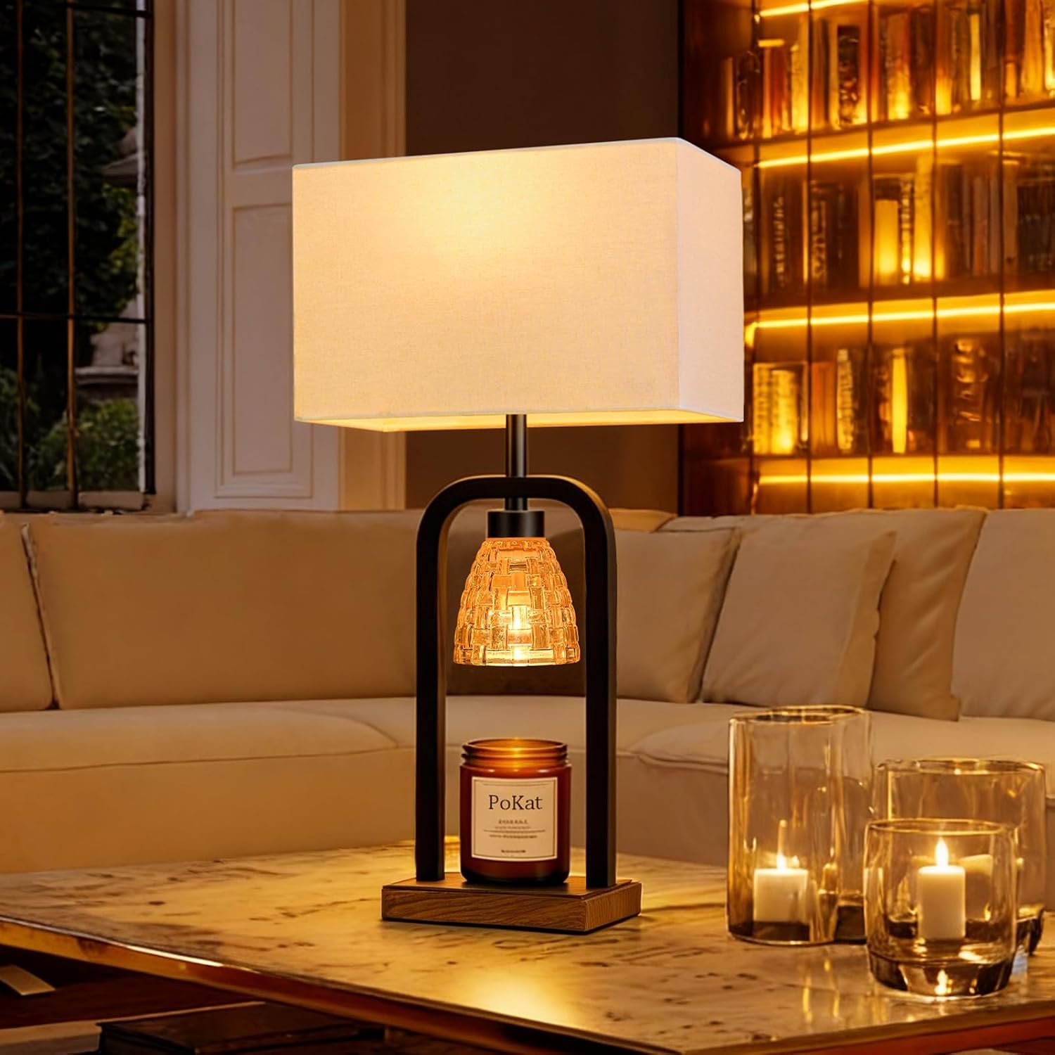 PoKat 21.5'' Lamp Candle Warmers Set of 2 Black, Farmhouse Candle Warming Lamps with Timer Dimmer & Wood-Like Base, Warmer Lamp Jar Candles, Table Lamps for Bedroom End Table Decor, Bulb Included