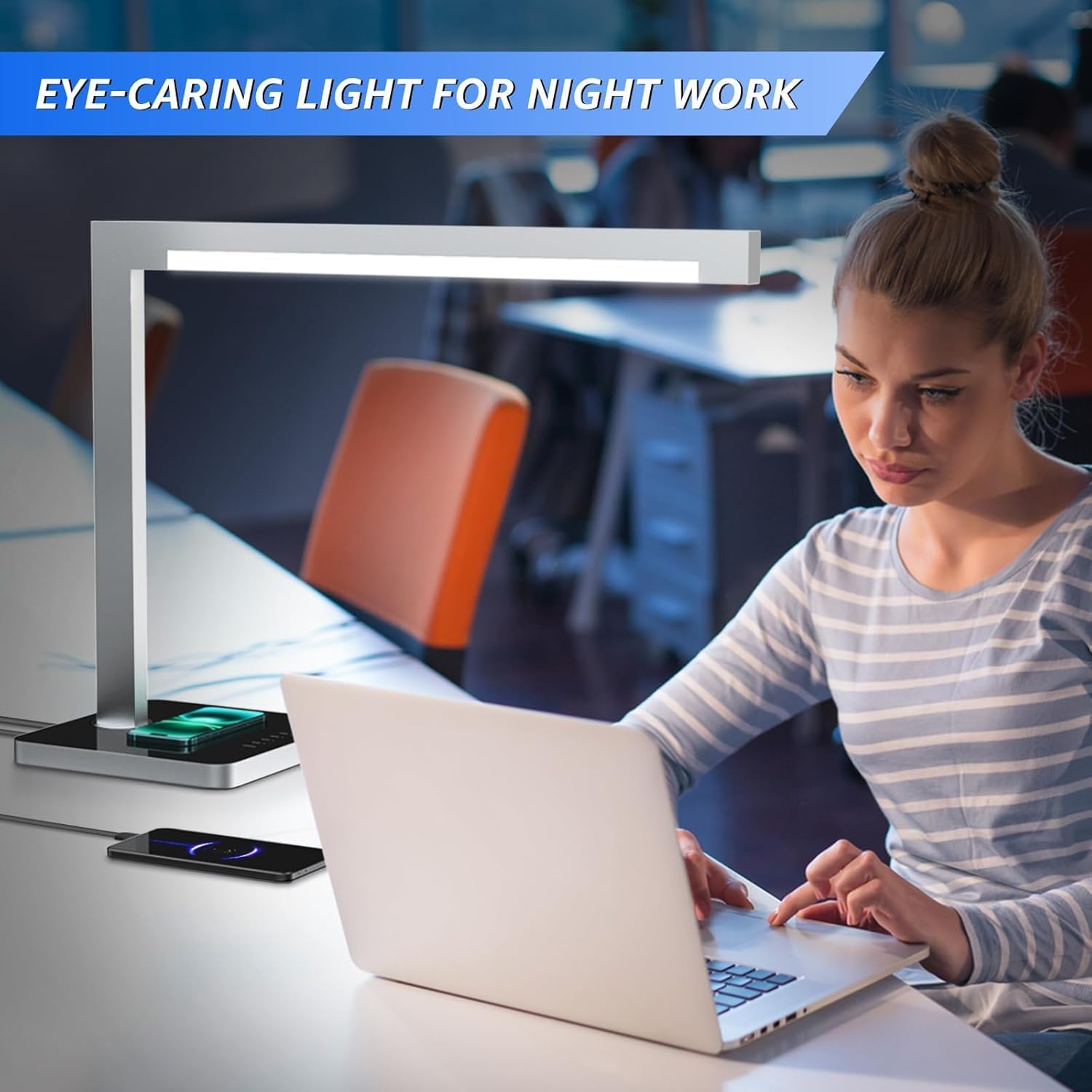 2 Pack Aluminum LED Desk Lamp with Charging Station, 15W Smart Table Lamp with Type-C Ports & 4 Color Temperature Modes(3000K-6000K), Dimmable Reading Light for Home Office(Includes Adapter)