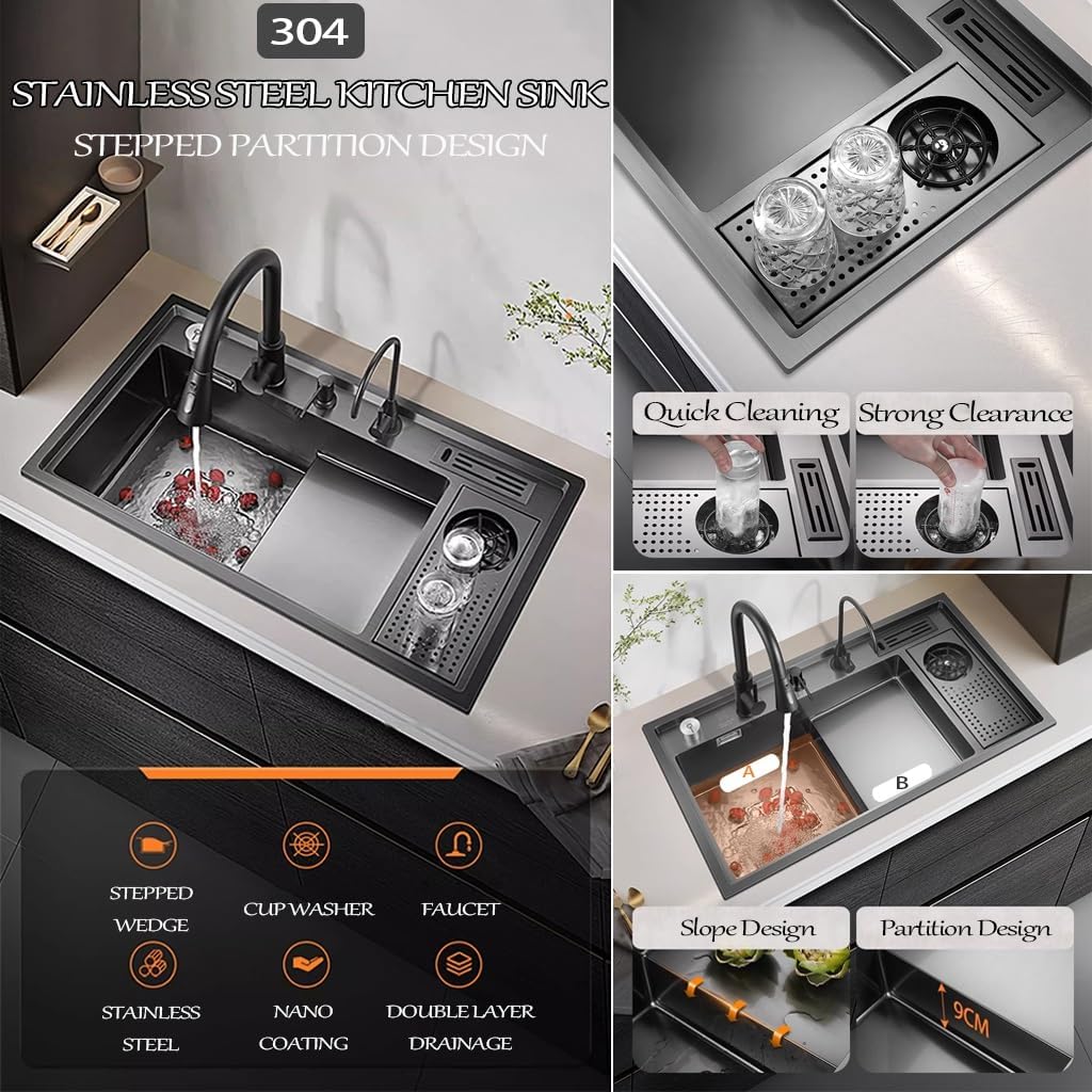Stepped Stainless Steel Kitchen Sink with Pull-Out Faucet Black Nano Household Sink Multi-functional Single Bowl Sink with Cup Washer Soap Dispenser Knife Holder Box Knob Drainage Component (Black