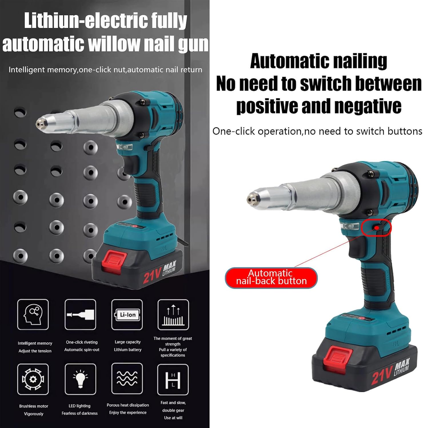 Riveting Gun, 21V Automatic Electric Rechargeable Rivet Gun Tool, Industrial Fully Automatic Riveting Gun Brushless Pop Rivet Gun Kit