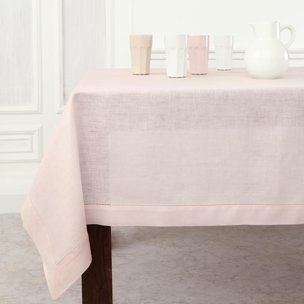 Solino Home Pink Linen Tablecloth 60 x 156 Inch - 100% Pure Linen Hemstitch Table Cloth for Rectangle Tables - Classic Hemstitch, Machine Washable Tablecloth for Summer