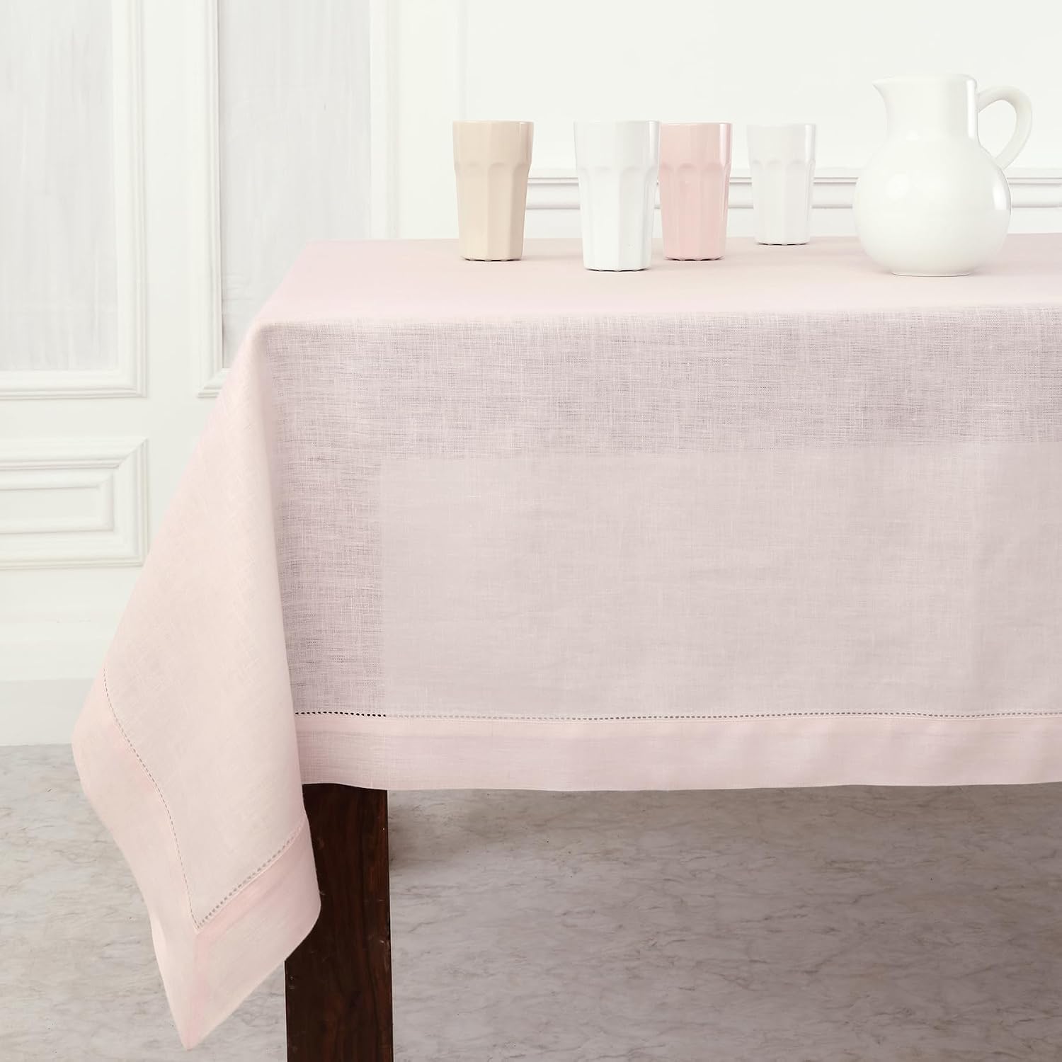 Solino Home Pink Linen Tablecloth 60 x 156 Inch - 100% Pure Linen Hemstitch Table Cloth for Rectangle Tables - Classic Hemstitch, Machine Washable Tablecloth for Summer