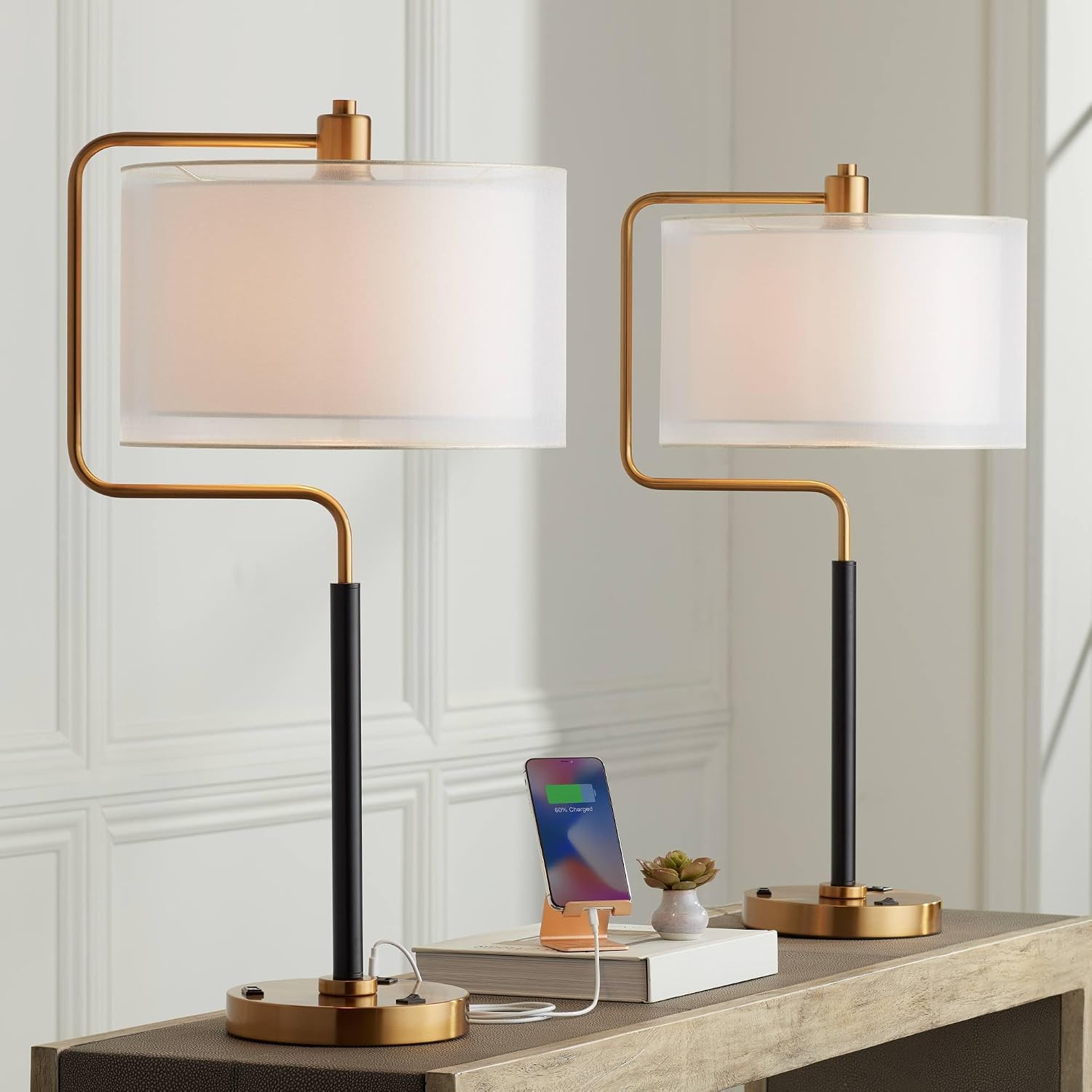 Possini Euro Design Carlyle 30 1/2' Tall Large Mid Century Modern Glam Luxe Desk Lamps Set of 2 USB Port AC Power Outlet Gold Black Metal White Shade Home Office Living Room Charging Bedroom Bedside