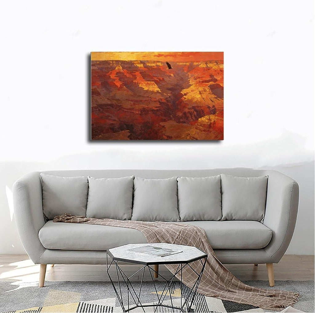 Canyon Sunset Landscape Wall Art Print, Dramatic Red Rock Vista with Soaring Eagle Painting Poster for Home Office Decor 24x36inch(60x90cm)