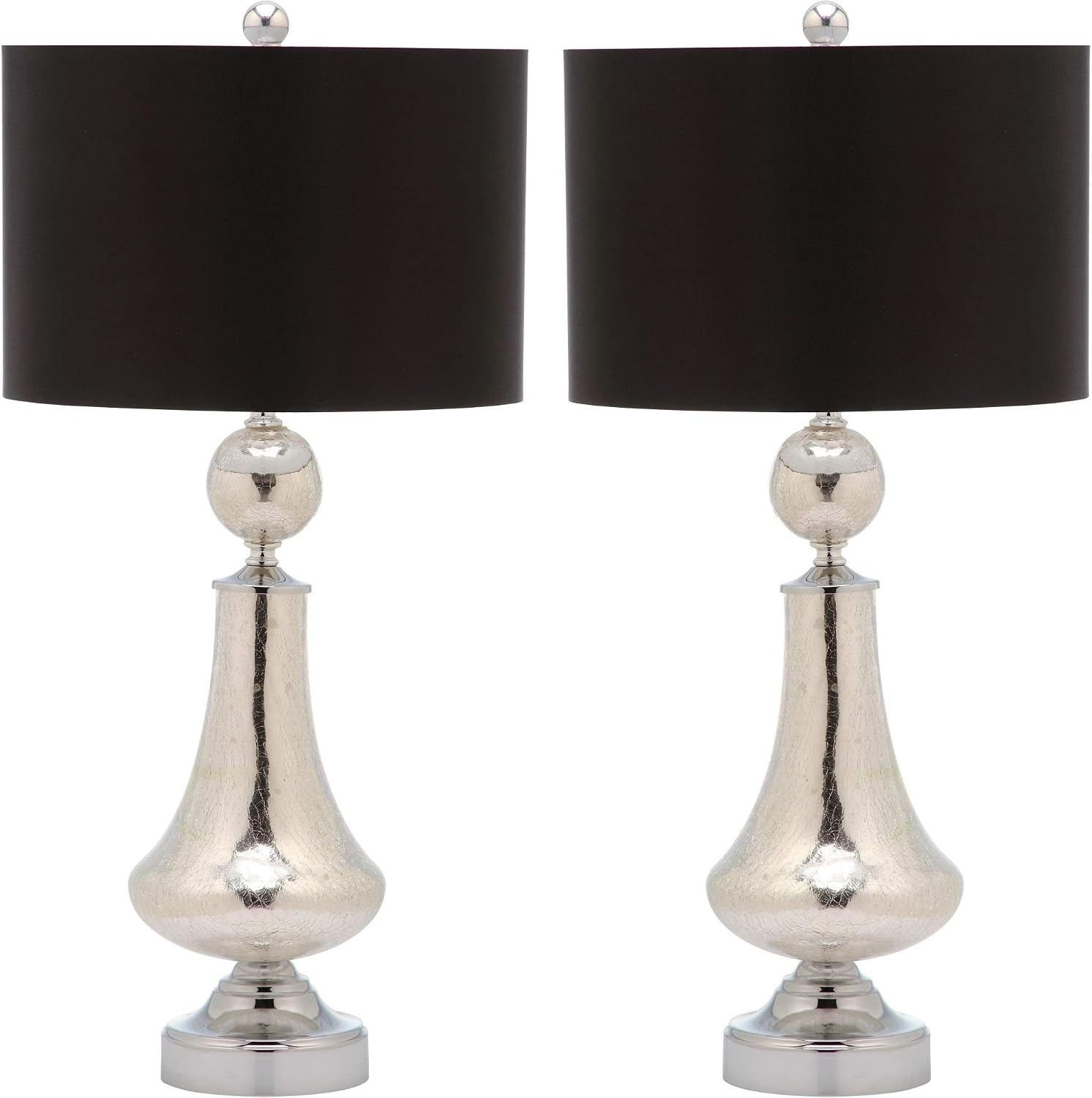 SAFAVIEH Lighting Collection Mercury Crackle Glass/ Black Shade 26-inch Bedroom Living Room Home Office Desk Nightstand Table Lamp Set of 2 (LED Bulbs Included)