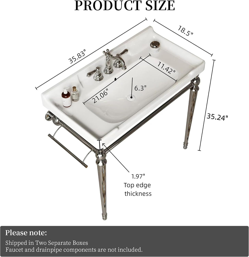 Yayzy 36' Bathroom Vanity with White Ceramic Sink, Wall-Mounted Console Style, Silver-Finish Stainless Steel Legs & Towel Bar, 3 Faucet Holes, No Faucet