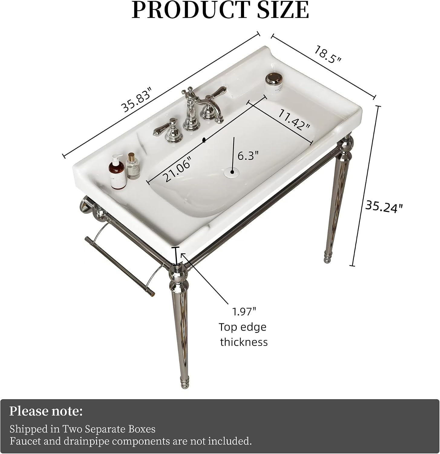Yayzy 36' Bathroom Vanity with White Ceramic Sink, Wall-Mounted Console Style, Silver-Finish Stainless Steel Legs & Towel Bar, 3 Faucet Holes, No Faucet