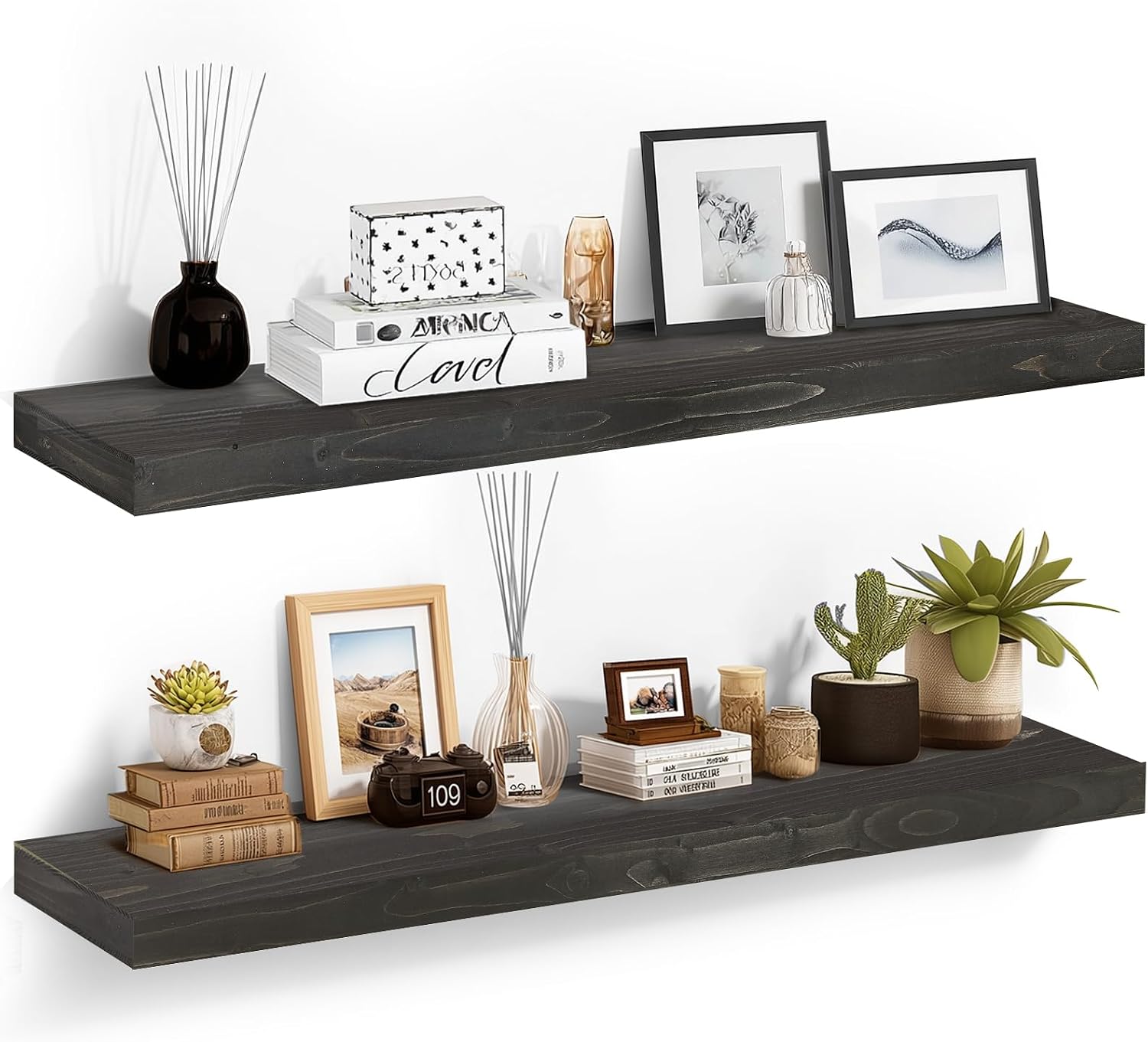 48x6.8x2in Floating Shelf – Natural Black Solid Wood Rustic Mounted Shelf – Heavy Duty Decorative Storage for Living Room, Kitchen, Bathroom, Bedroom