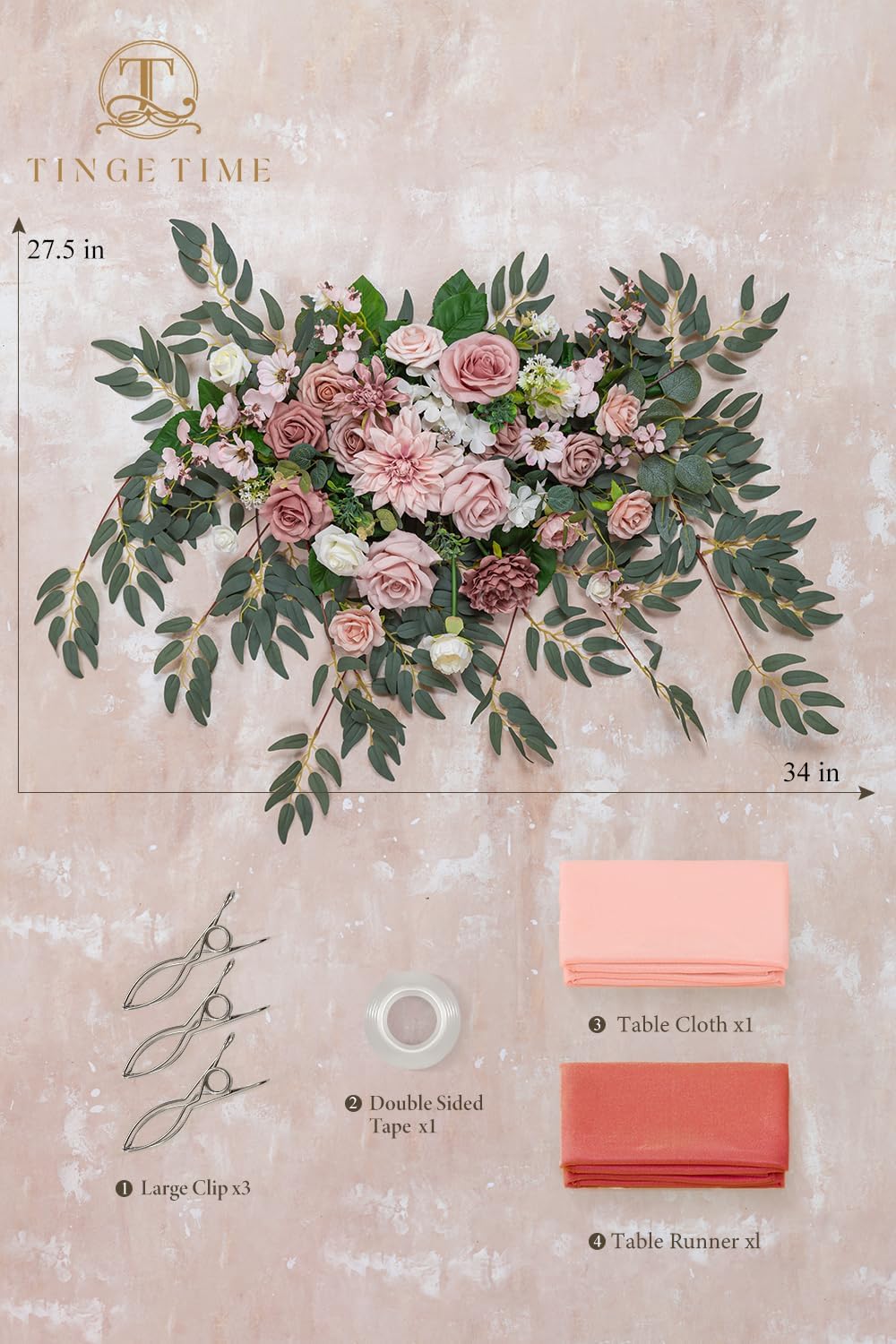 TINGE TIME Artificial Sweetheart Flower Swag with Tablecloth and Table Runner, Pack of 3 Floral Arrangement for Wedding Sweetheart Table Centerpiece Decoration Valentine's Day (DustyRose&Cream)