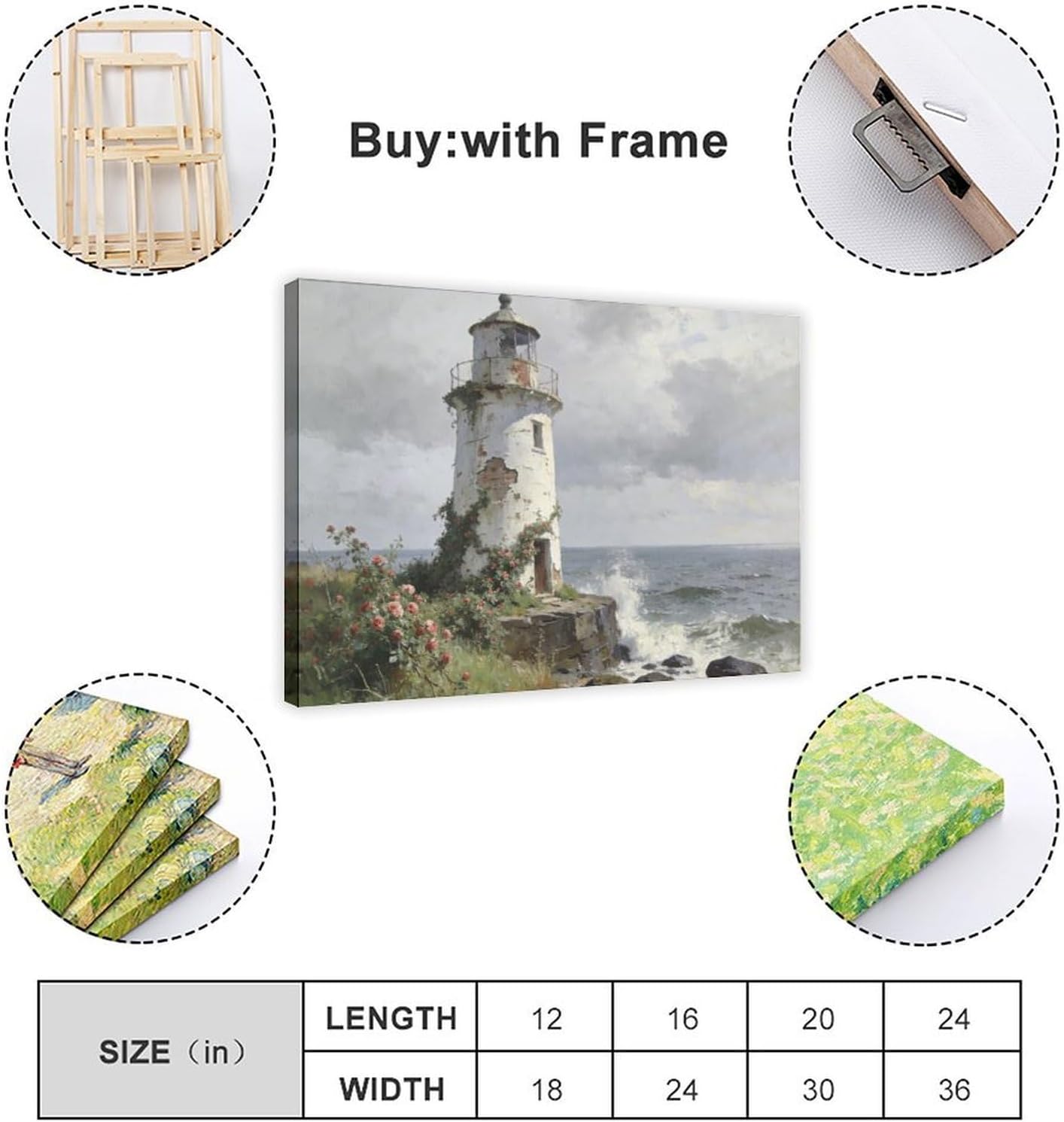 Frame Coastal Lighthouse Wall Art Poster Print, Vintage Rose Garden Seascape Painting, Nautical Ocean Waves Landscape Artwork Rustic Decor 24x36inch(60x90cm)