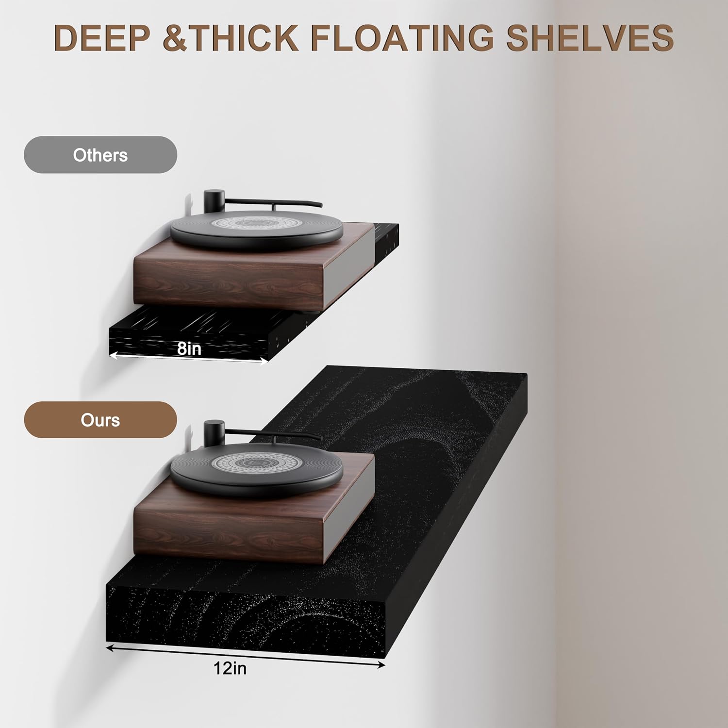 60 Inch Extra Long Floating Shelves, Set of 2 Deep Floating Shelves 12in Depth, Floating Shelves Long Heavy Duty Solid Wood Wall Shelves for Kitchen & Living Room, Large White