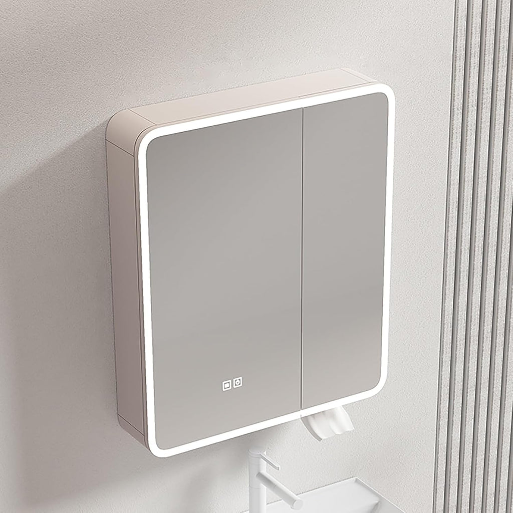 Rounded Corner Medicine Cabinet with LED Lights, Anti-Fog Bathroom Mirror Storage Shelf, Wall-Mounted Vanity Mirror for Bathroom, Stylish & Functional Design,Beige,60cm/24in