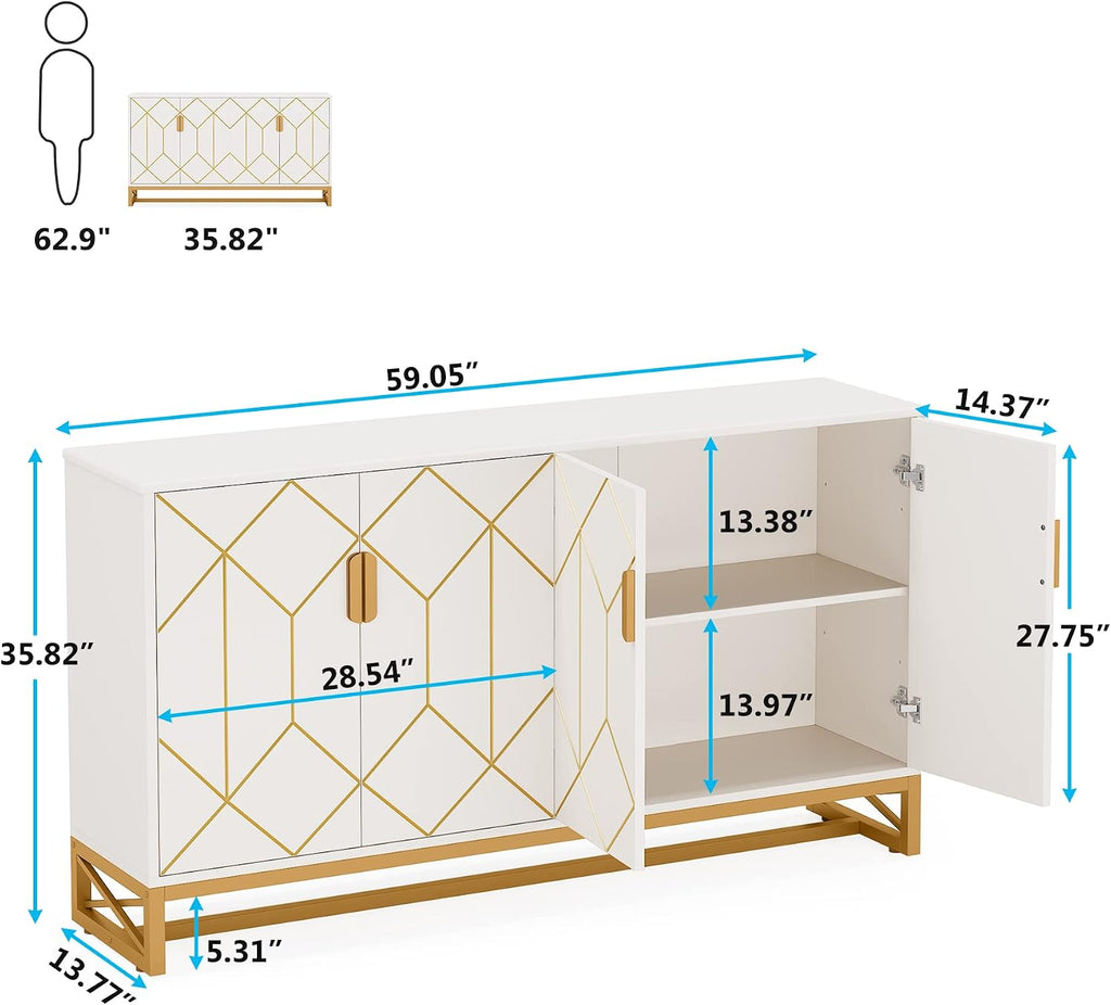 Tribesigns White Gold Storage Cabinet with Door and Adjustable Shelves for Living Room, Modern Floor Cabinets Long Sideboard Buffet Golden Coffee Bar with 4 Doors Metal Frame for Home Office Kitchen
