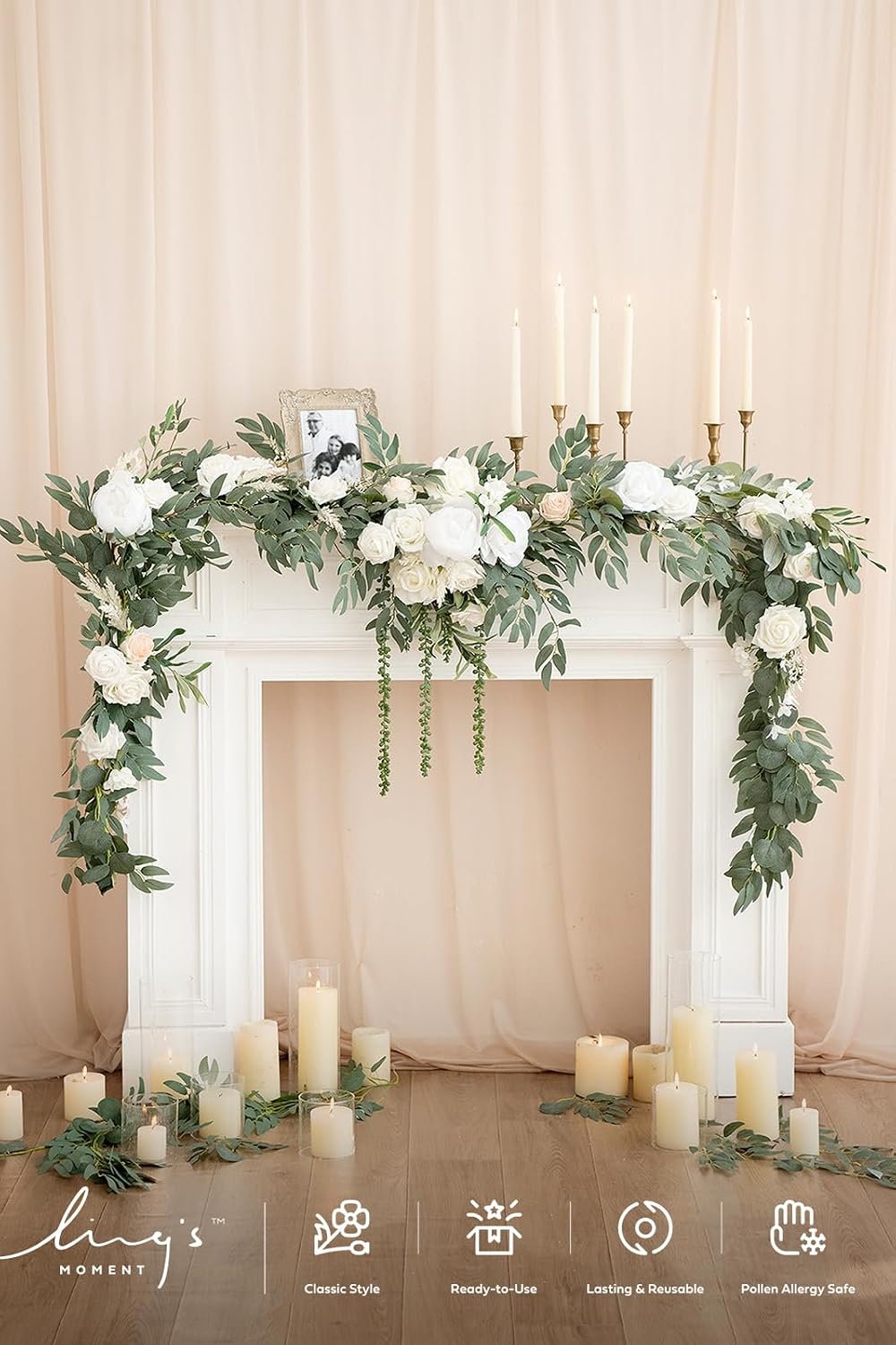 Ling's moment 9FT Spring Flower Garland for Backdrop Decorations - Wedding Arch Flowers, Eucalyptus & Rose, Artificial Floral Garland for Mantel - Sweetheart Table Decor for Reception, White & Sage