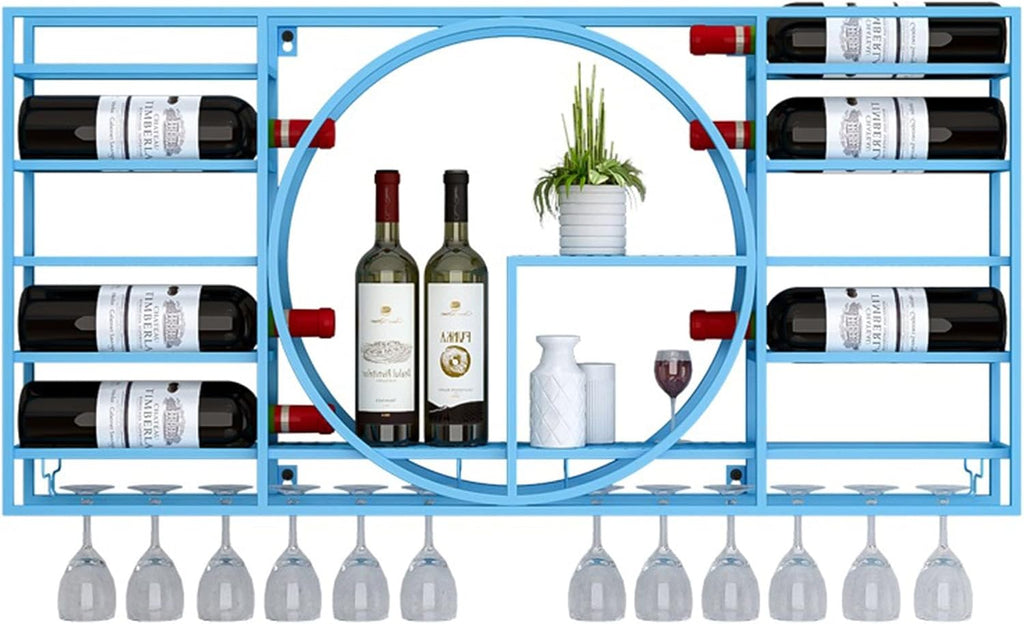 Blue Wall Mounted Wine Rack with Hanging Glass Storage and Mini Liquor Shelf Corner Coffee Bar Cabinet for Wine Bottles and Glasses 110 * 11 * 62cm