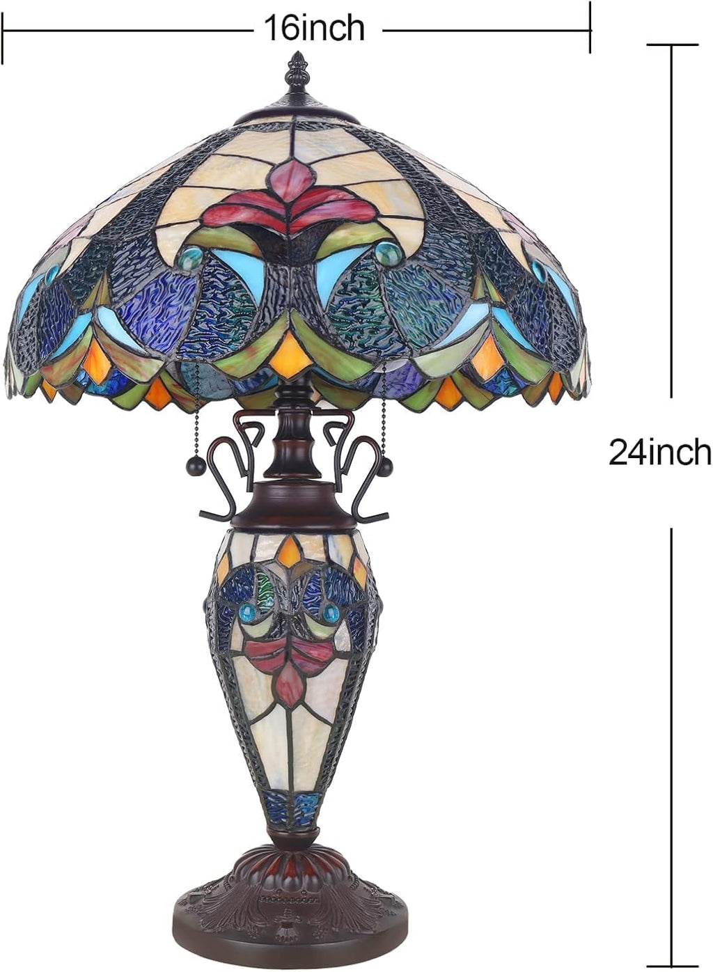 Pterying Tiffany Lamp, 24'' Tall Tiffany Table Lamp with Retro Pull Switch, 3 LED Bulbs Included, Vintage Living Room Bedroom Home Office Bedside Reading Lamp