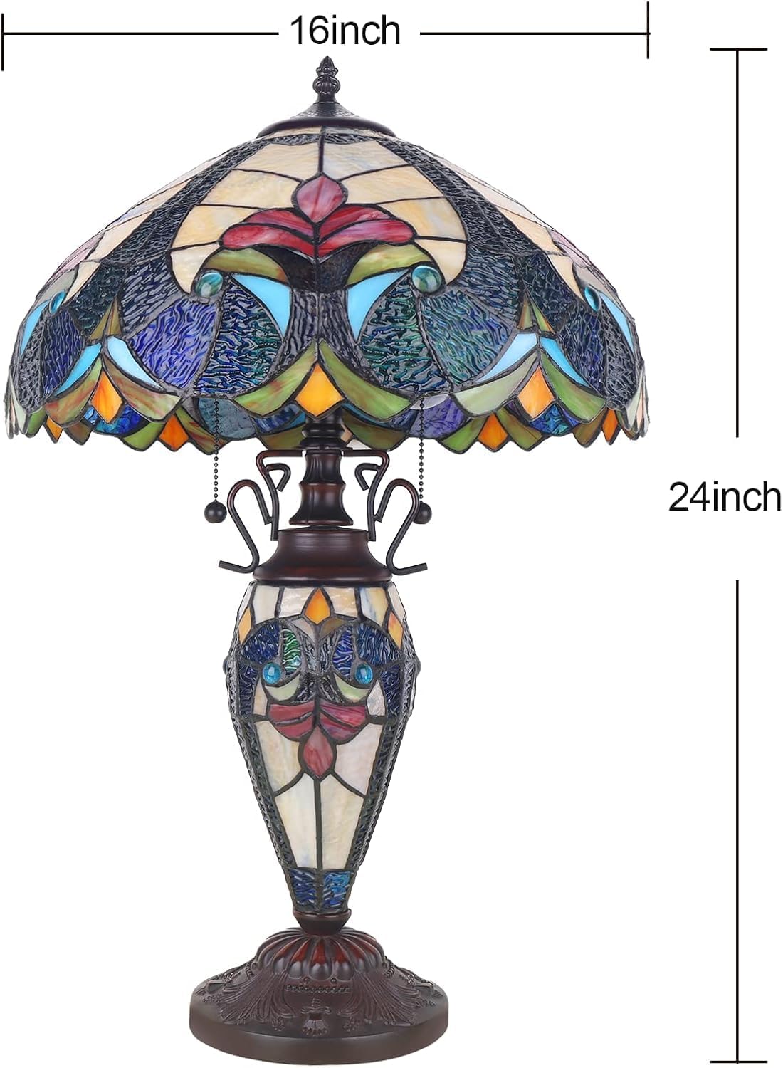 Pterying Tiffany Lamp, 24'' Tall Tiffany Table Lamp with Retro Pull Switch, 3 LED Bulbs Included, Vintage Living Room Bedroom Home Office Bedside Reading Lamp