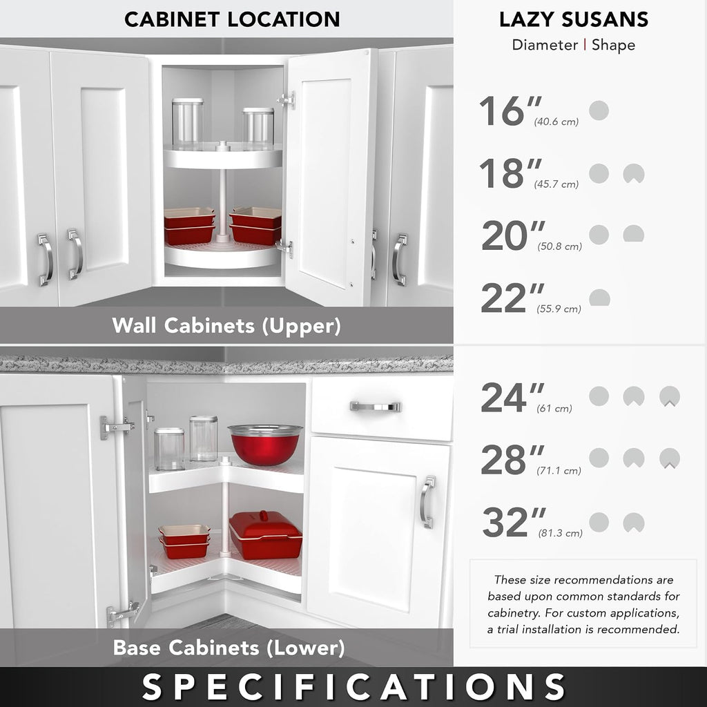 Rev-A-Shelf 2 Tier Pie-Cut Lazy Susan for Corner Base Cabinets, Plastic, 28' Double Shelf Swivel Kitchen Spice and Can Organizer, 28' W x 18.25' D x 26' H, White, 6942-28-11-52