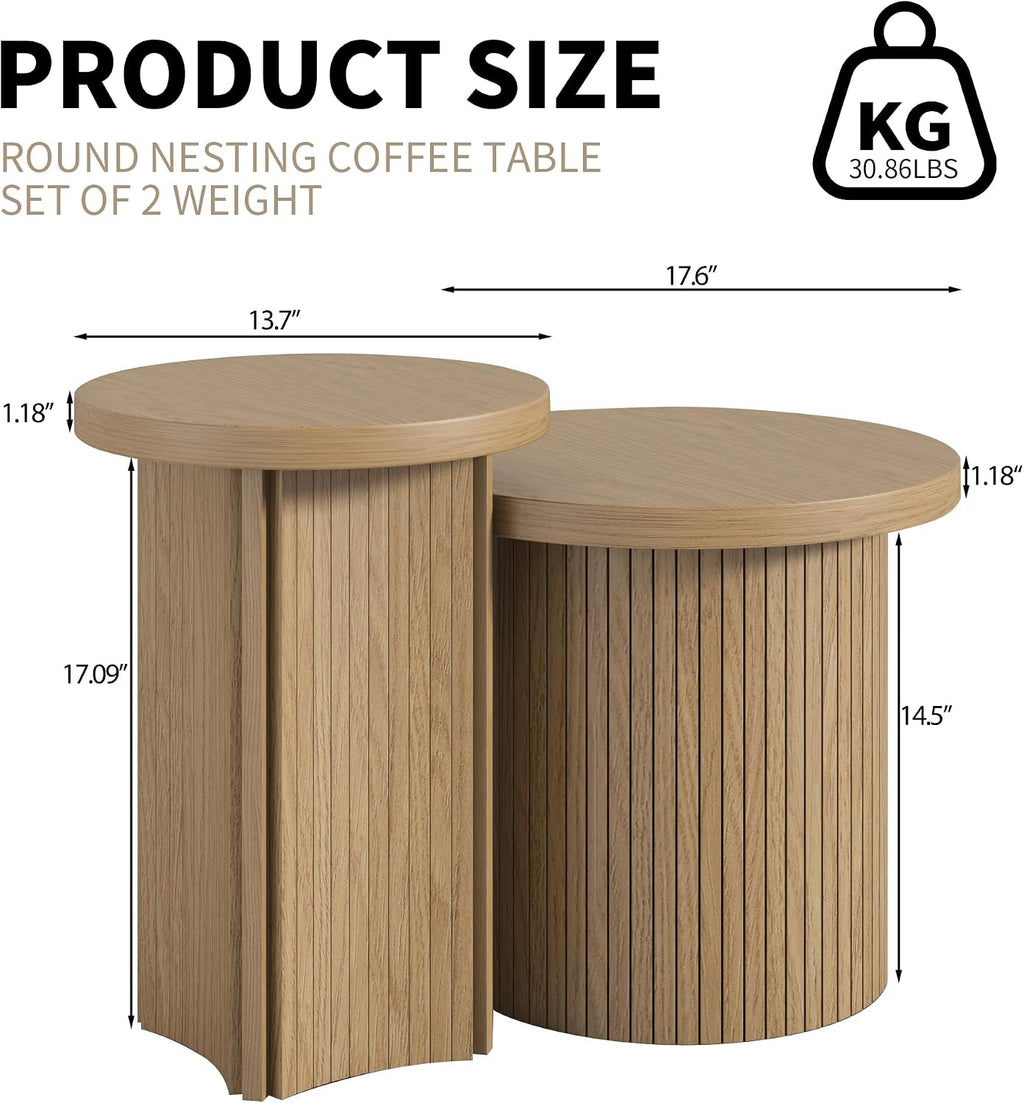 Round Nesting Coffee Table Set, Stackable Small Wood Grain Coffee Tables, Modern Space‑Saving Round Side End Tables for Living Room, Apartment, Bedroom, Small Spaces, Easy Assembly Home Furniture