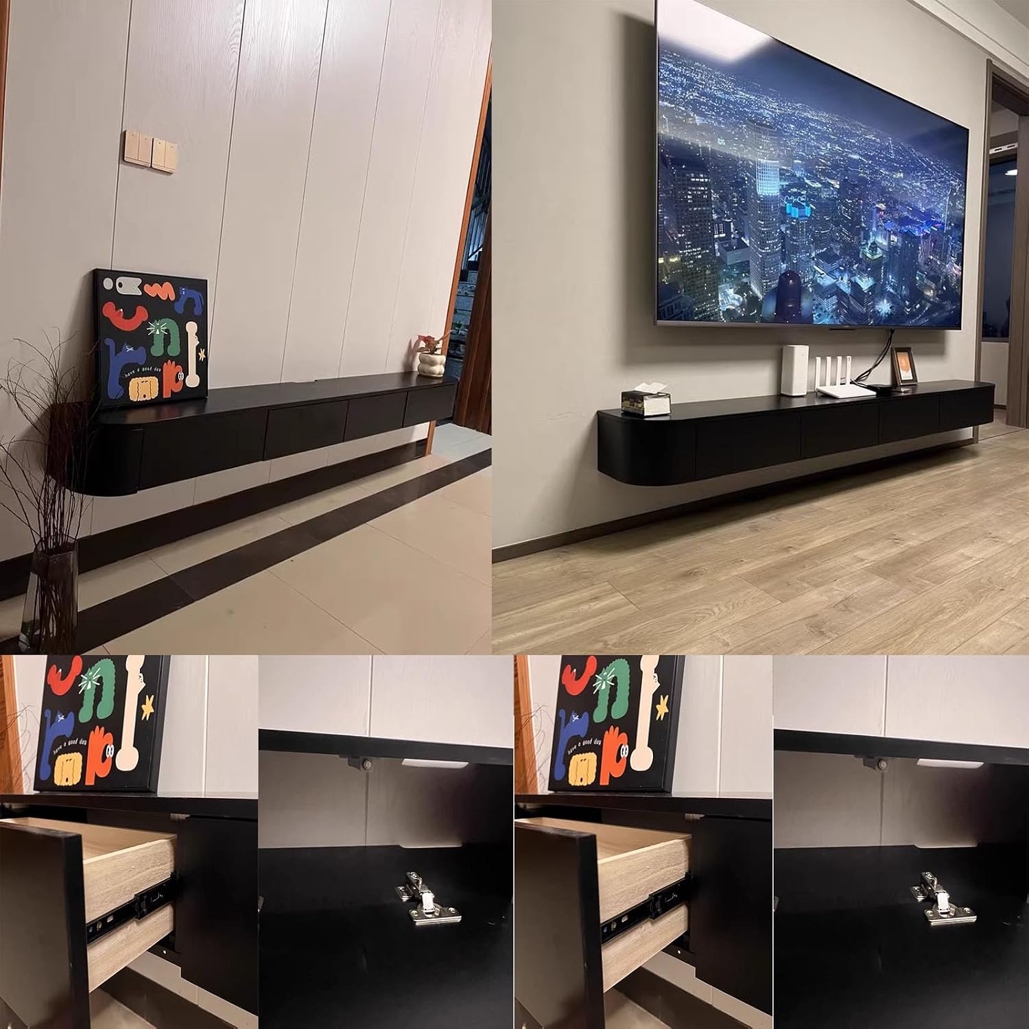 Floating TV Stand Large Floating TV Shelves Wall Mounted Multi Storage Compartment TV Media Console Floating TV Cabinet Bench Under TV Large Storage TV Lowboard (Black, 102.4 * 7.9 * 9.4 in)