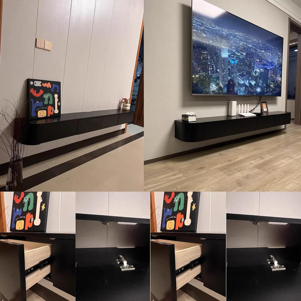 Floating TV Stand Large Floating TV Shelves Wall Mounted Multi Storage Compartment TV Media Console Floating TV Cabinet Bench Under TV Large Storage TV Lowboard (Black, 86.6 * 7.9 * 9.4 in)