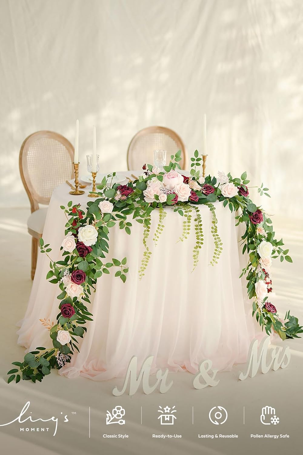 Ling's moment 9FT Spring Flower Garland - Wedding Arch Flowers, Eucalyptus & Rose, Artificial Floral Garland for Mantle - Sweetheart Table Decor for Reception, Backdrop Decorations, Marsala