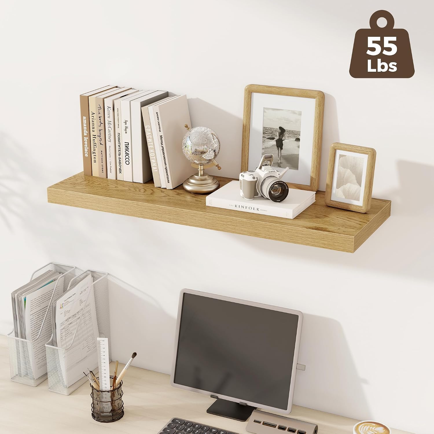 Fun Memories Deep Floating Shelves, 36' W x 12' D Wood Floating Shelves for Wall, 3 Pack Extra Deeper & Thicker Wall Mounted Storage Shelf for Living Room Laundry Room Kitchen Home Office, Oak