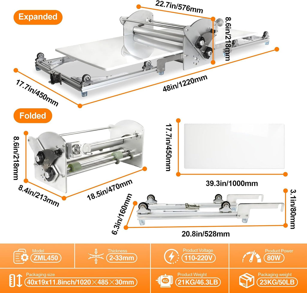 Commercial Electric Dough Sheeter（22.7'）, Foldable Adjustable Thickness, for Pizza Dough, Fresh Pasta&Croissants, for Home Bakers and Professional Bakeries