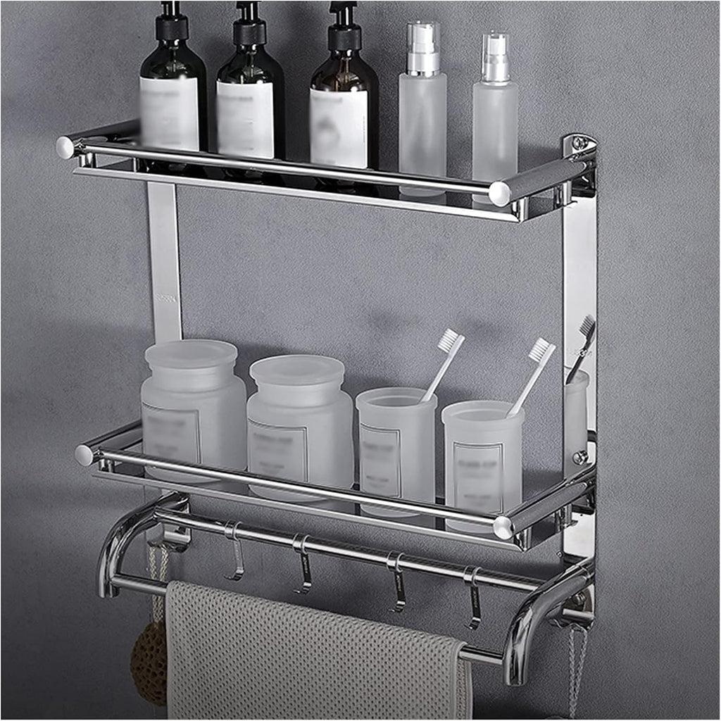 TOMYEUS Shower Caddy Bathroom Shelf 2 Tier Bathroom Shelf Wall Mounted with Towel Bar and 6 Hooks，Floating Shelves Wall Mounted，20Inch 304 Stainless Steel Shower Organizer