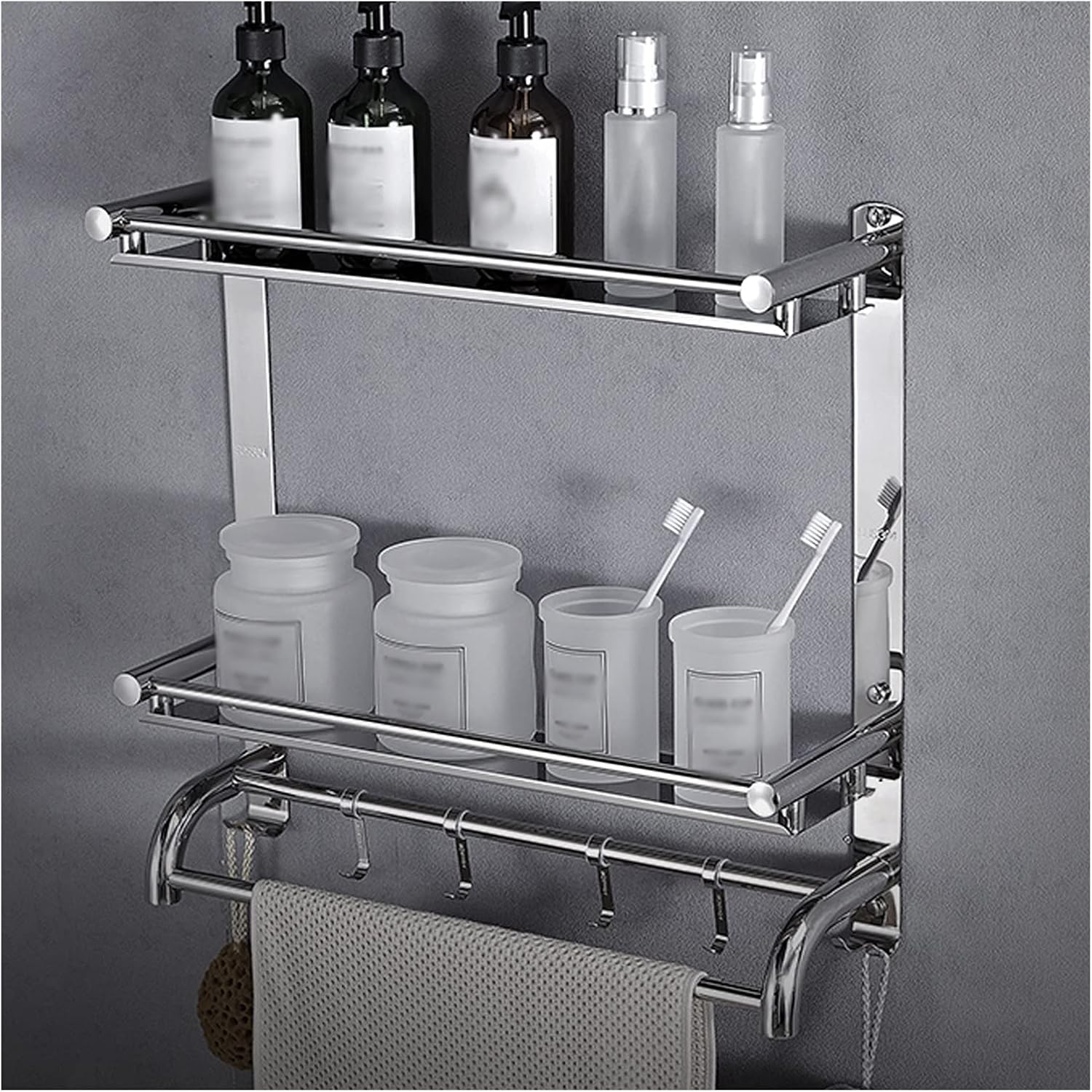 TOMYEUS Shower Caddy Bathroom Shelf 2 Tier Bathroom Shelf Wall Mounted with Towel Bar and 6 Hooks，Floating Shelves Wall Mounted，20Inch 304 Stainless Steel Shower Organizer