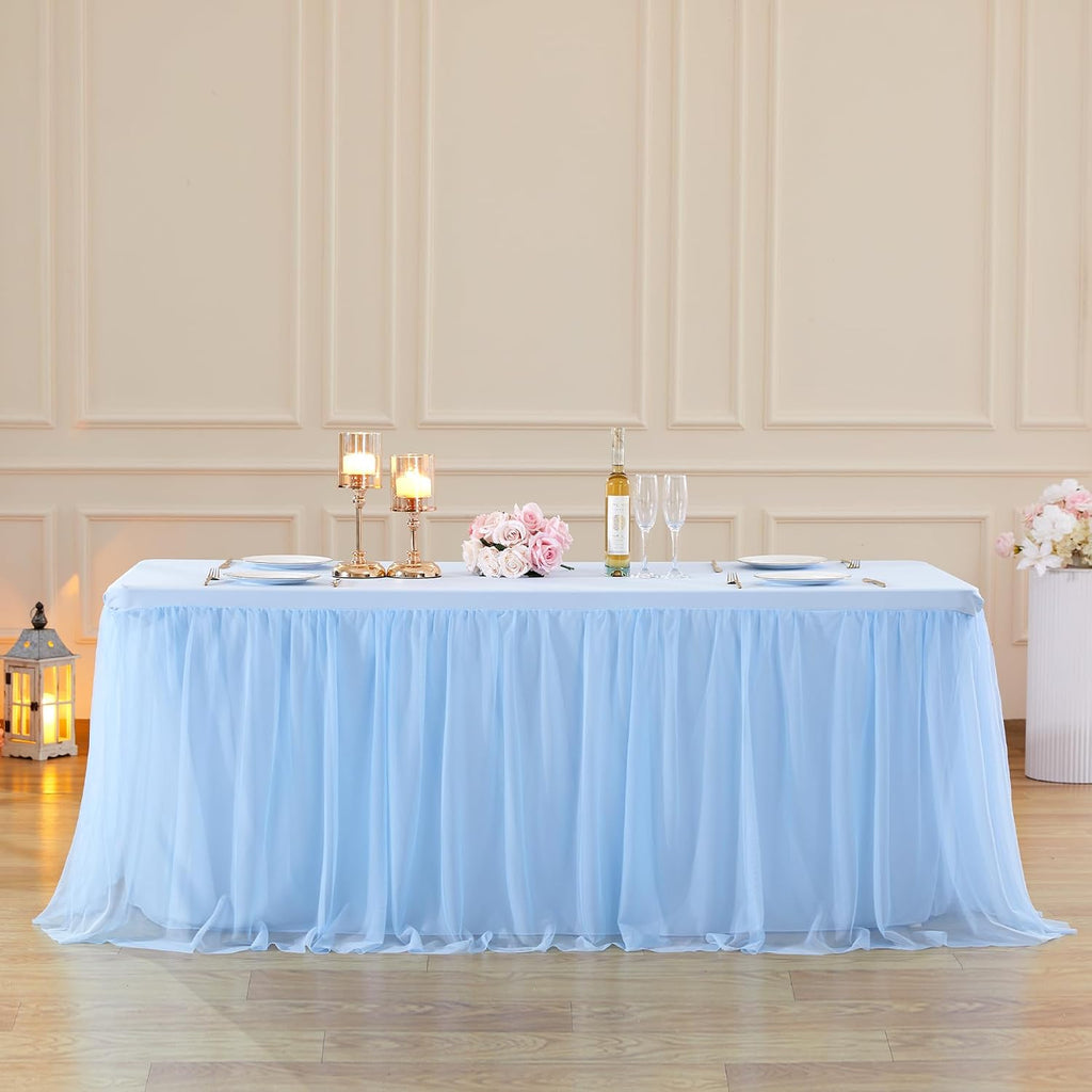 Baby Blue Tulle Tablecloth Table Skirt for 6 Foot Rectangle Tables with Ruffle Tutu Design for Wedding Reception Party Birthday, 6 Pack, 6ft Fitted Spandex Table Cover