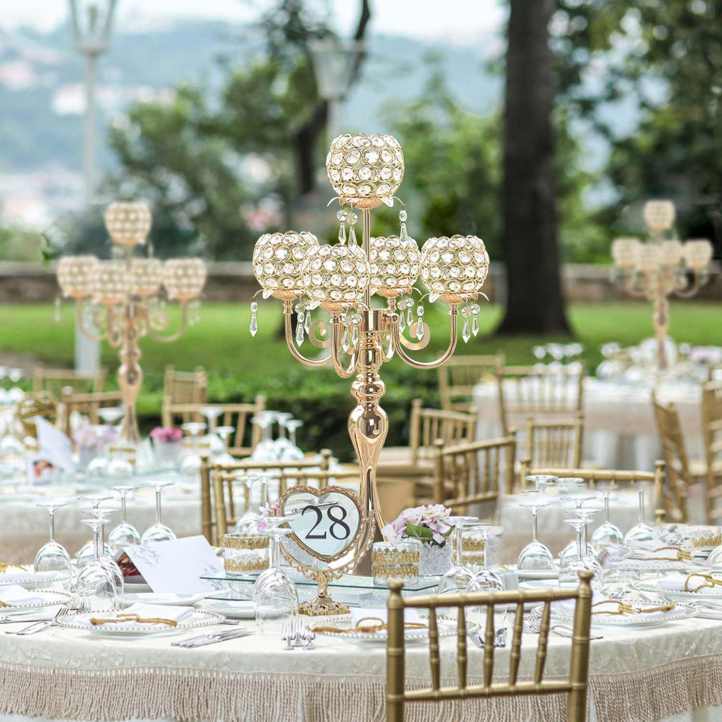 Set of 4 Candlesticks 5 Arm Crystal Strap Pendant Gold Table Decor Candelabra, 22.5 inches Elegant Dining Room Centerpieces for Holiday Parties Weddings (4, Gold)