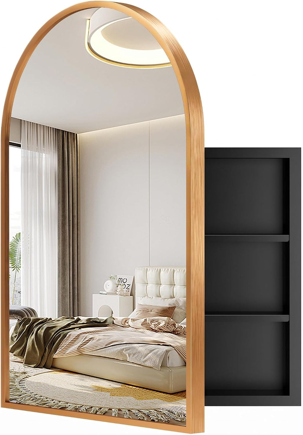SogesPower 36'x24' Metal Medicine Cabinet with Mirror for Bathroom,Arched Recessed Medicine Cabinet with 2 Shelves, Wall-Mounted Bathroom Mirror with Storage,Gold