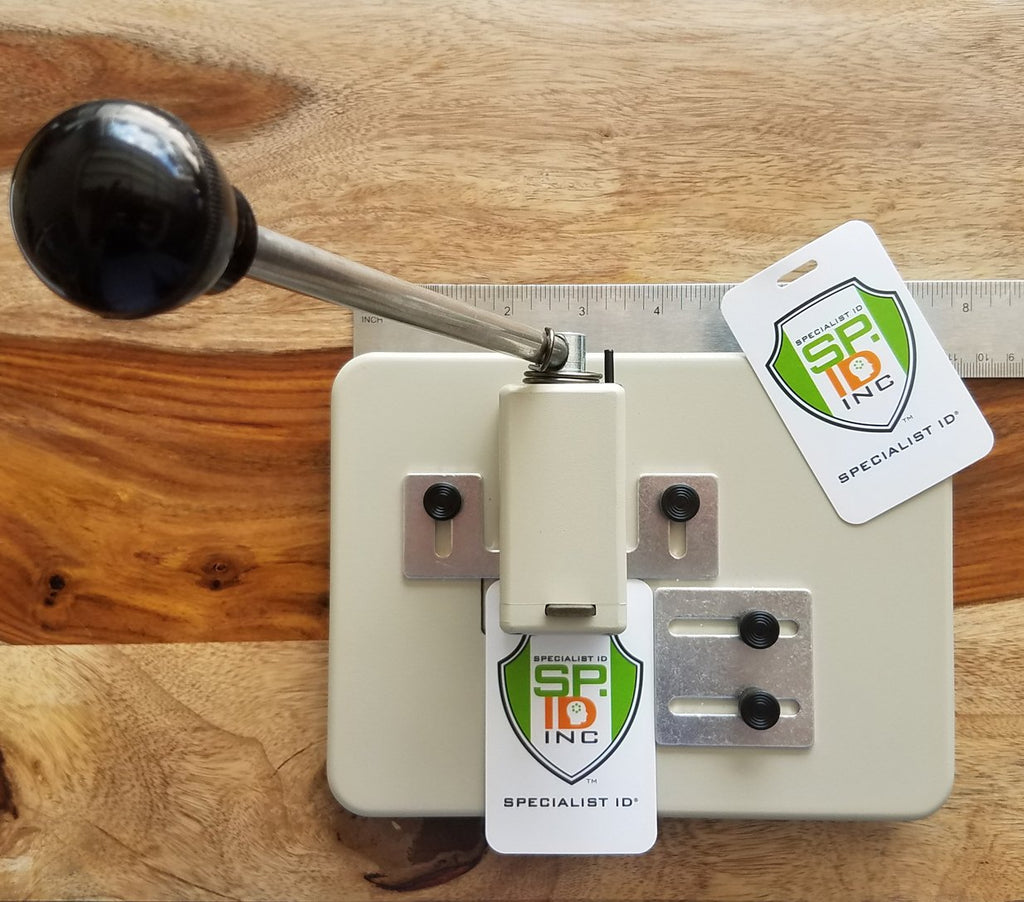 Heavy Duty Table Top Slot Punch for ID Card Badges with Precision Adjustable Top & Side Slide Guides - Badge Hole Puncher for Standard Horizontal & Vertical I'd Cards by Specialist ID