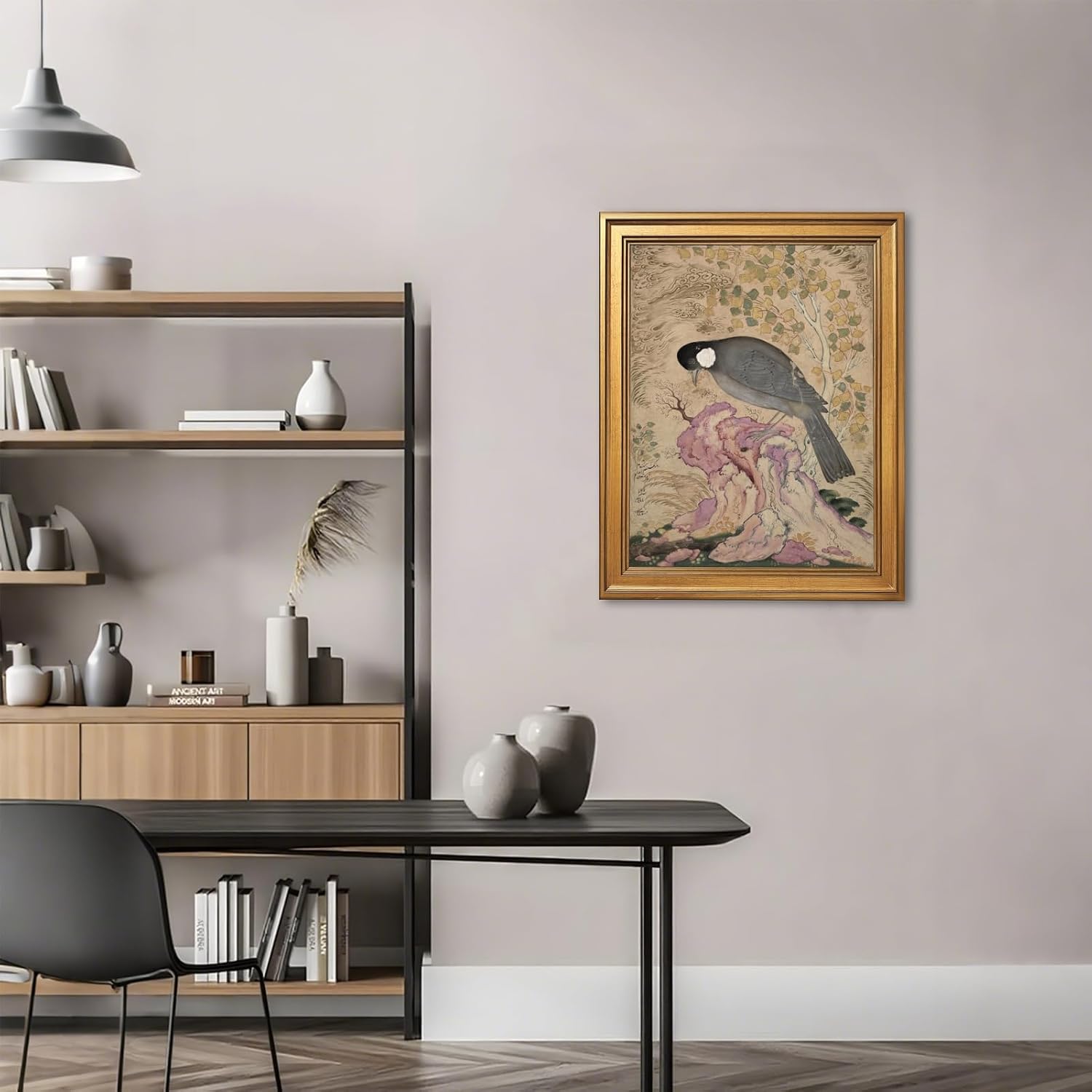 Classic Floral Wildlife Wall Art Vintage Academia Bird on Pink Rock Canvas Print Abstract Boho Nature Animal Posters for Office Bedroom Apartment Trendy Home Wall Decor-20x30inch Golden frame