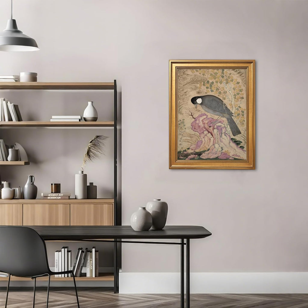 Classic Floral Wildlife Wall Art Vintage Academia Bird on Pink Rock Canvas Print Abstract Boho Nature Animal Posters for Office Bedroom Apartment Trendy Home Wall Decor-24x36inch Golden frame