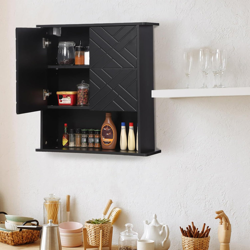 GAOMON Medicine Cabinet with Two Door, Wood Wall Mounted Bathroom Storage Cabinet with Adjustable Shelf and Towel Bar, 2-Tier Cabinet for Bathroom Living Room Laundry Room Kitchen, Black