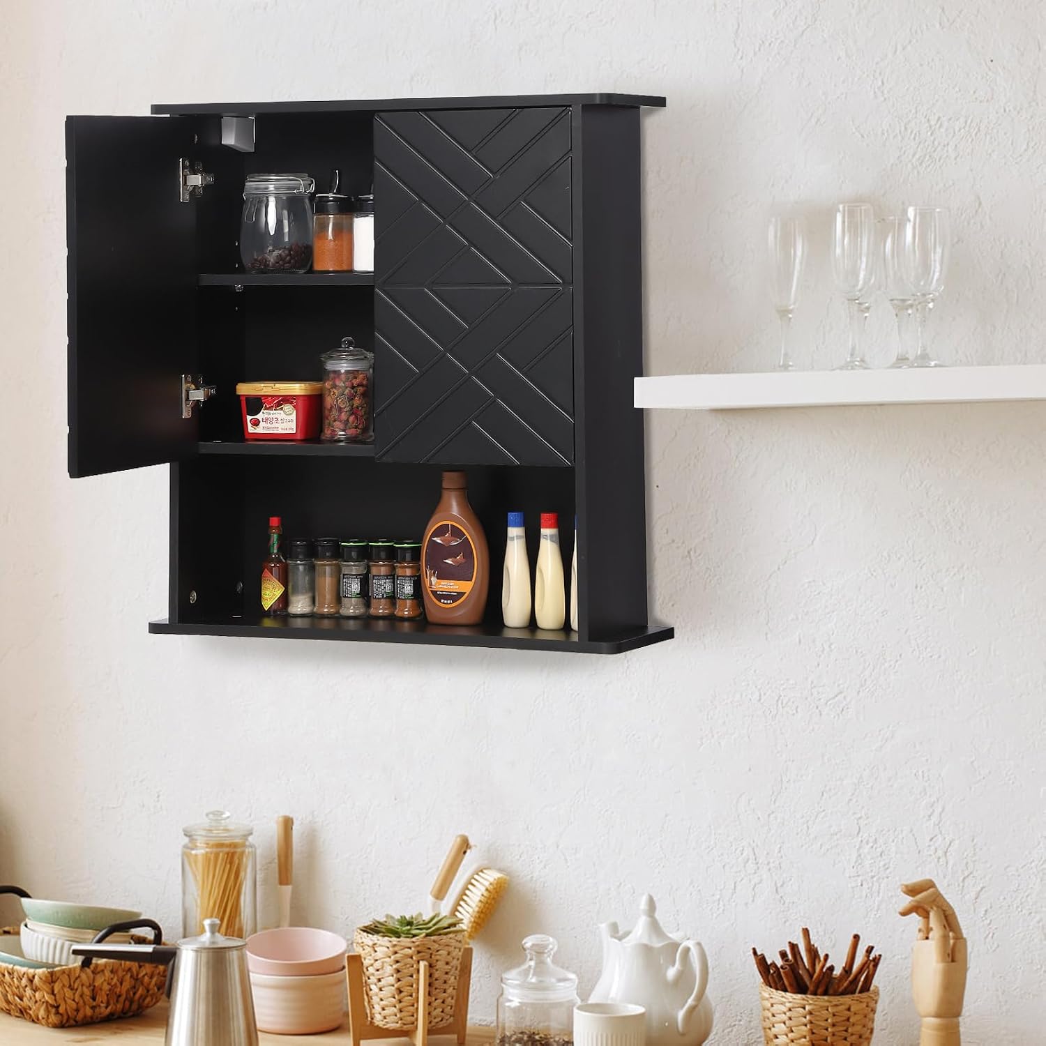 GAOMON Medicine Cabinet with Two Door, Wood Wall Mounted Bathroom Storage Cabinet with Adjustable Shelf and Towel Bar, 2-Tier Cabinet for Bathroom Living Room Laundry Room Kitchen, Black